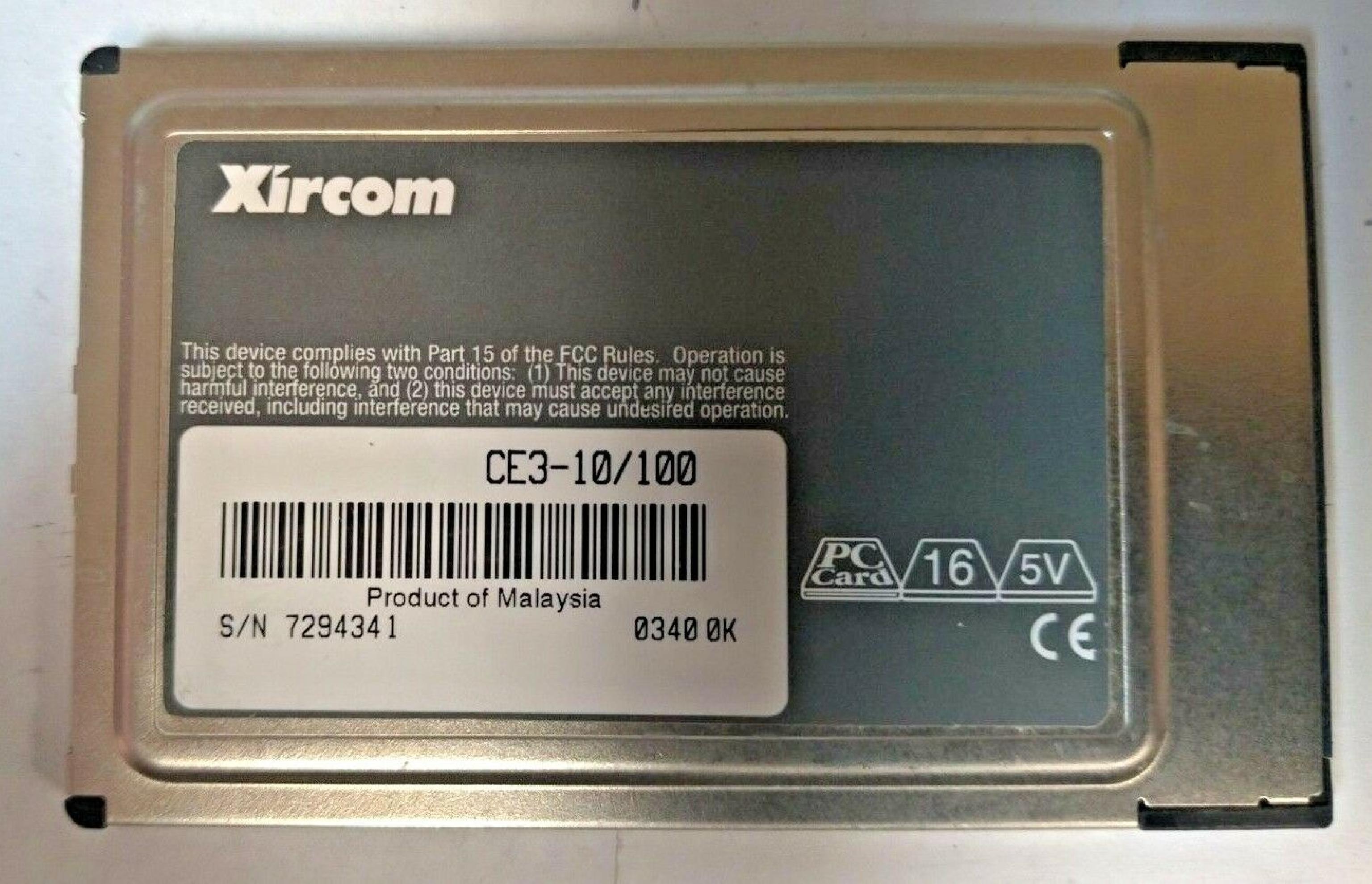 XIRCOM CE3-10/100 PCMCIA 10.100 ETHERNET NIC WITH DONGLE