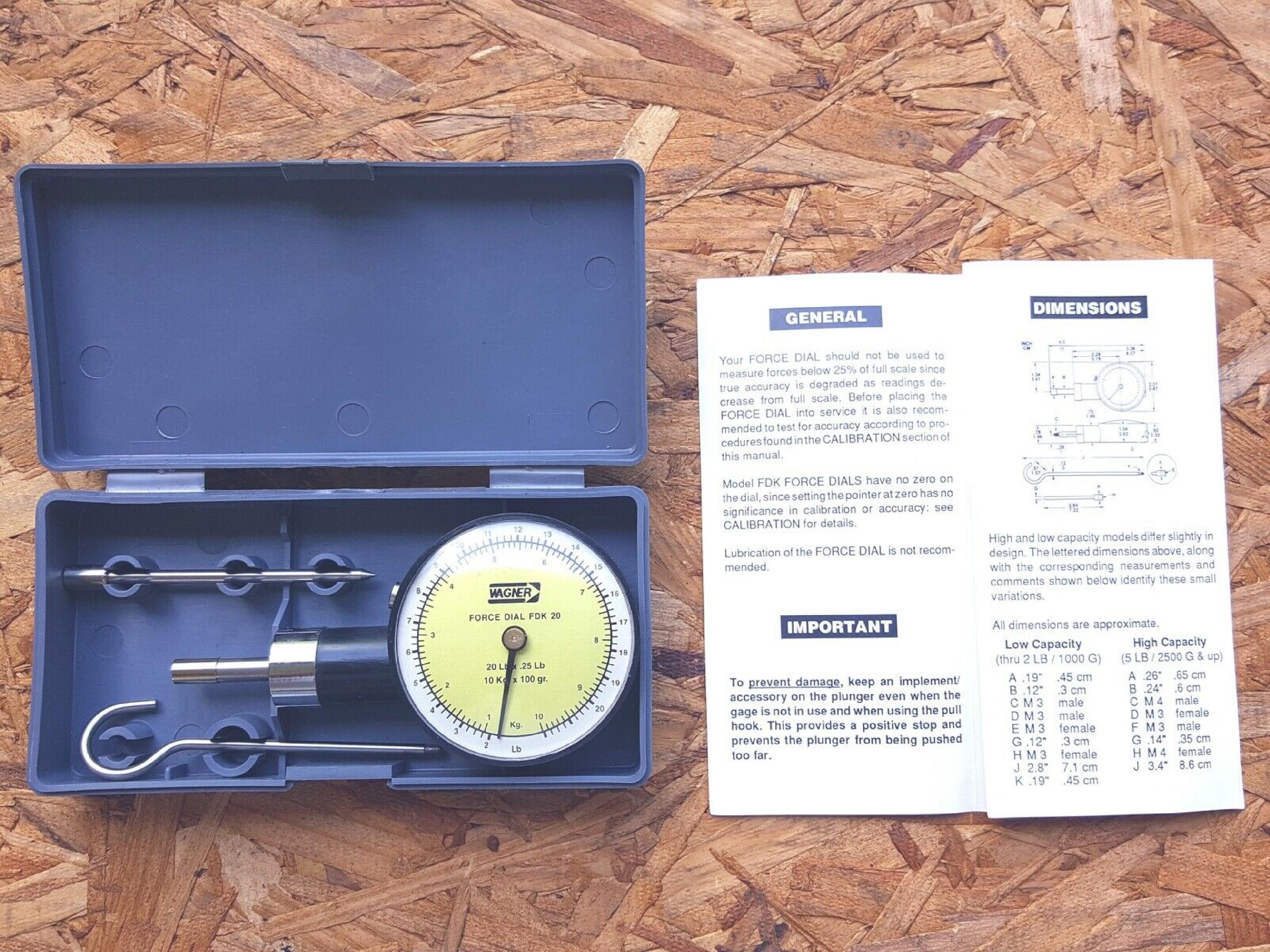 WAGNER FDK 20 COMPLETE WITH BOX AND ACCESSORIIES, FORCE DIAL FDK 10, PUSH - PULL FORCE GAGE