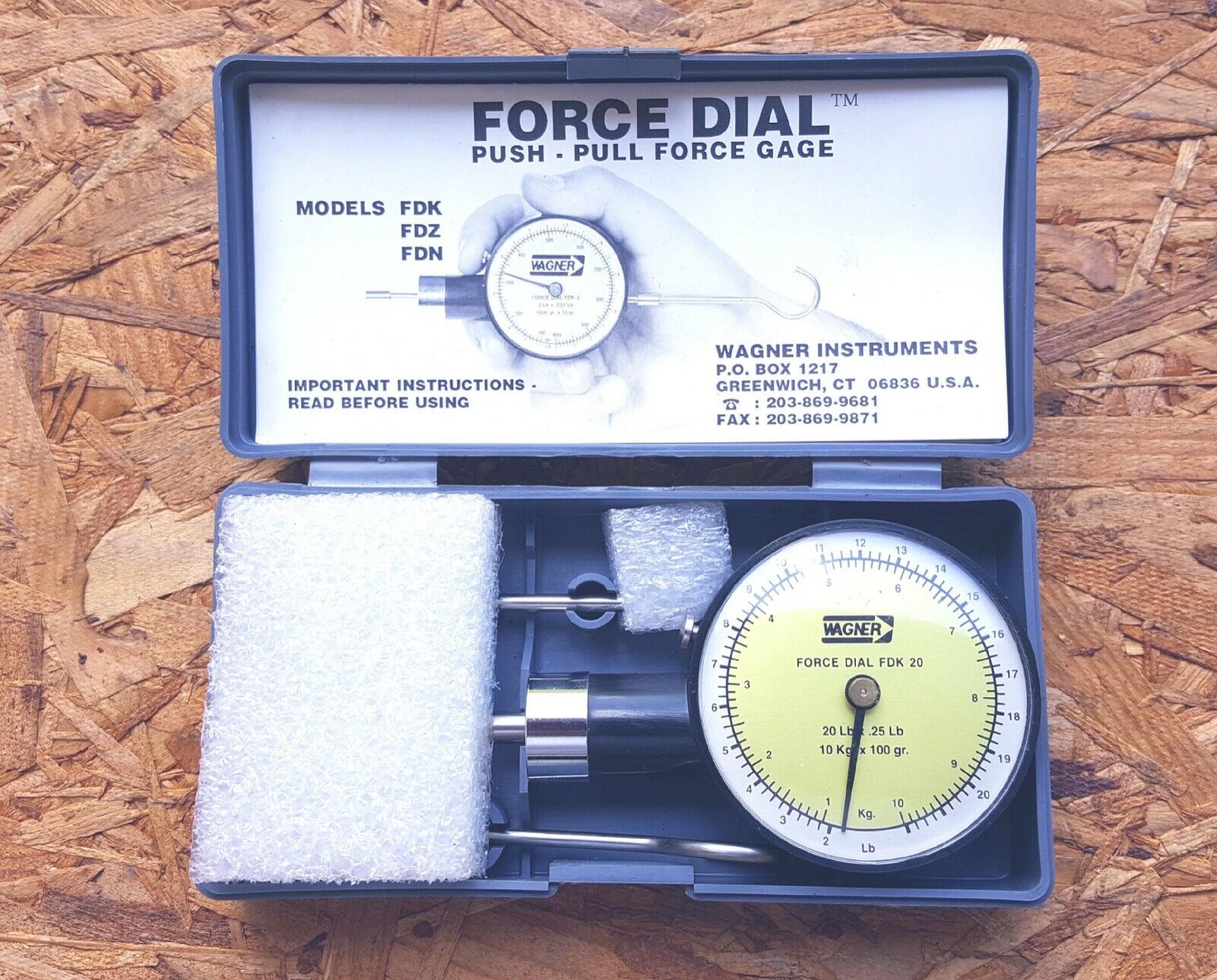 WAGNER FDK 20 COMPLETE WITH BOX AND ACCESSORIIES, FORCE DIAL FDK 10, PUSH - PULL FORCE GAGE