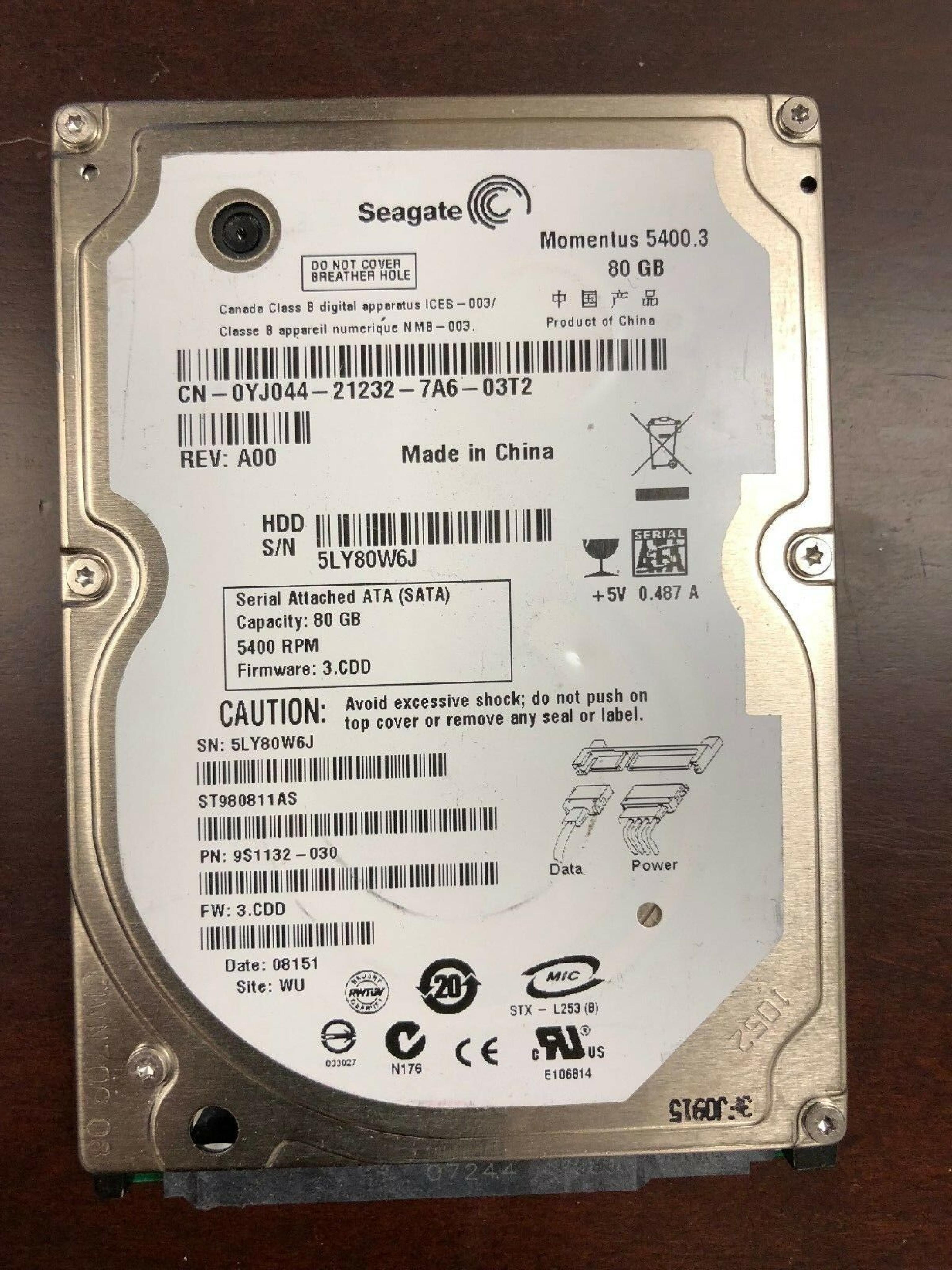 DELL YJ044 80GB 2.5 INCH SATA DRIVE FW: 3.CDE SITE: WU DATE 08046 REV A01