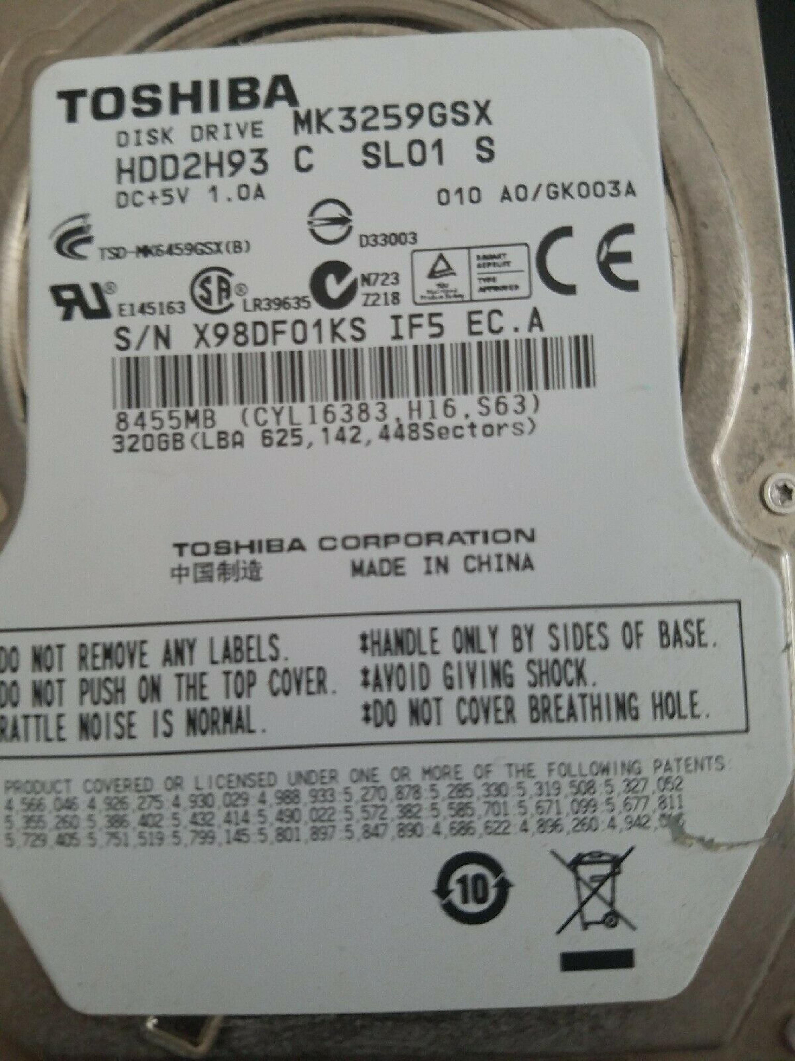 TOSHIBA MK3259GSXP 320GB 2.5INCH DRIVE UL01 25JUN2011 AD/GN003J