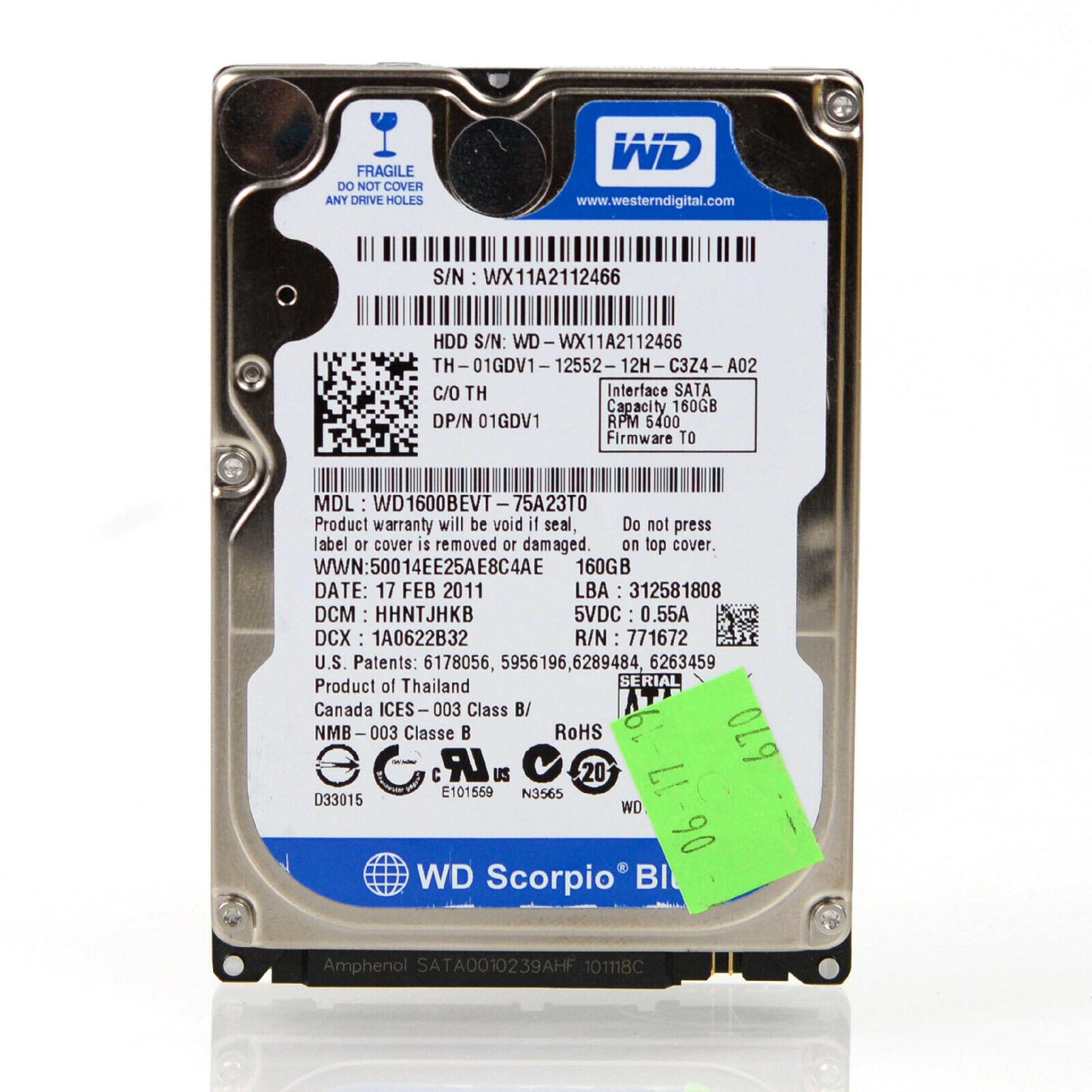 WESTERN DIGITAL / WD WD1600BEVT 160GB 2.5INCH SATA 09 2009 WWN:50014EE00108F828