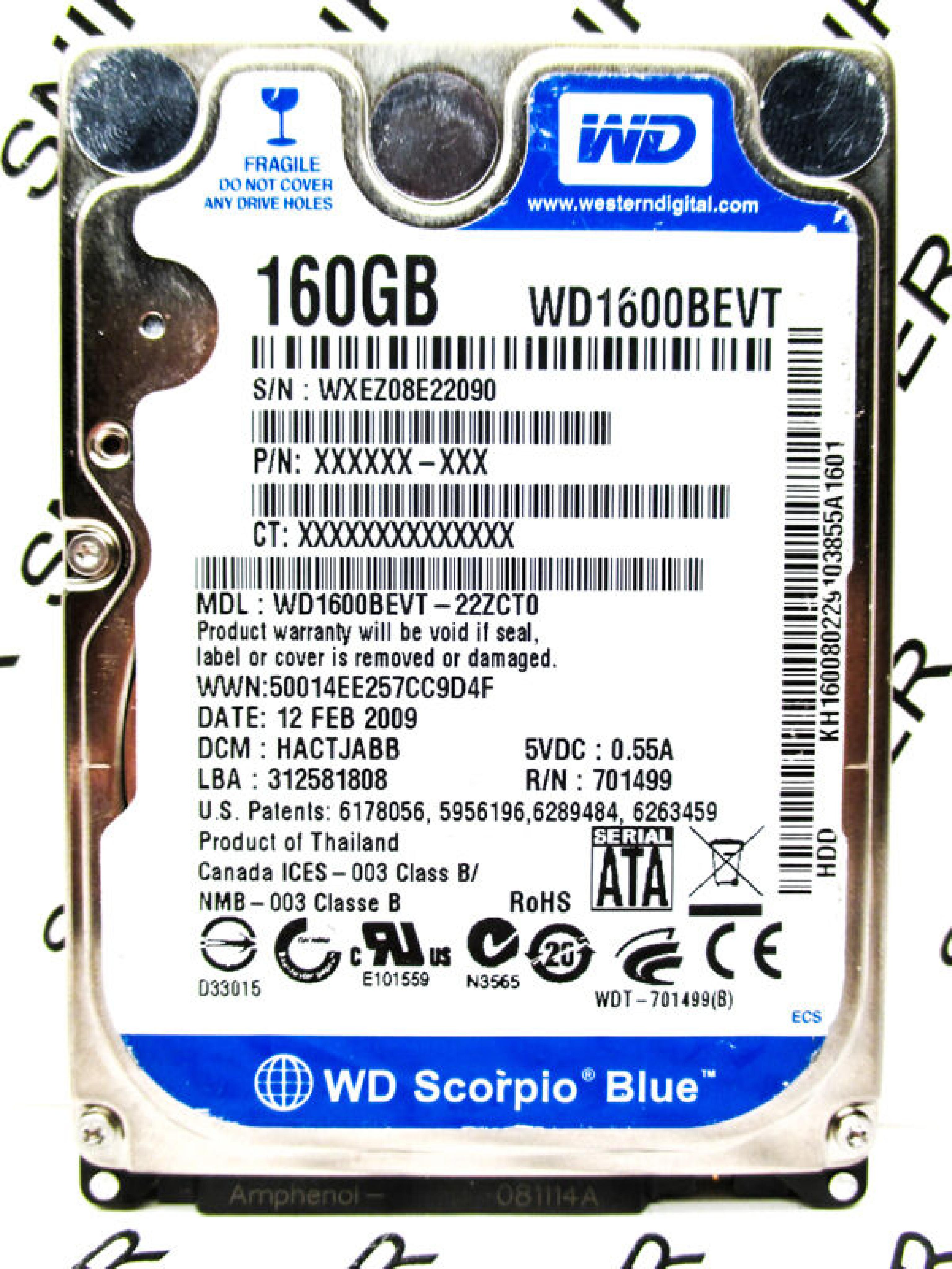 WESTERN DIGITAL / WD WD1600BEVT-22ZCT0 160GB 2.5INCH SATA 09 2009 WWN:50014EE00108F828