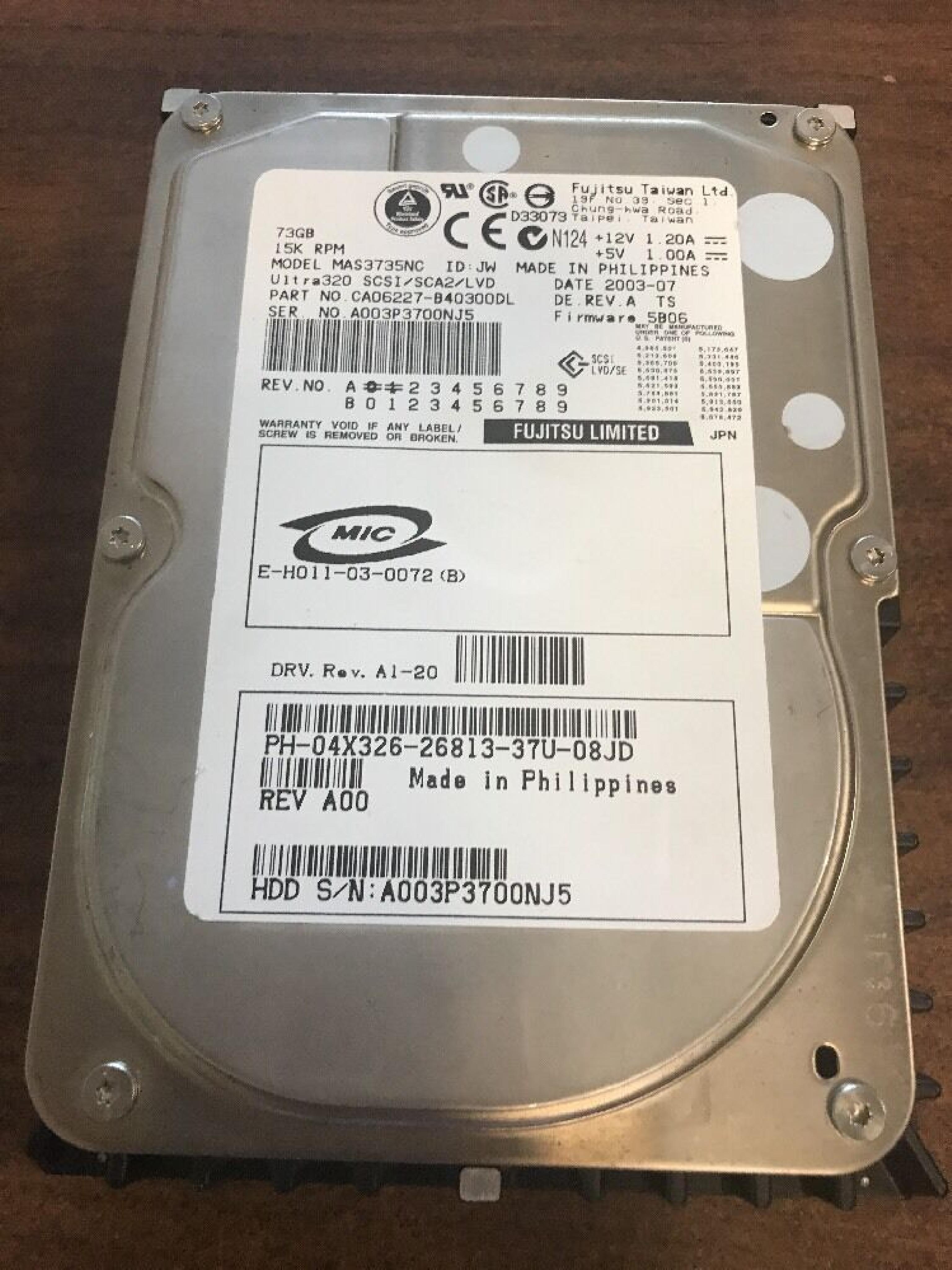 FUJITSU / HEWLETT PACKARD / HP MAS3735NC 73GB 15K RPM U320 SCSI SCA2/LVD/SE 2004-07 2003-03 72.8GB 3.5IN WIDE ULTRA320 FIRMWARE: HPB4 ID: JW DATE: 2004-10 REV. A LVD/SE HPB3 2004-01 DE REV 2003-11 2004-06 2003-10 2004-11 2003-12 DE. FIRMWARE:HPB3 FS DE.REV.