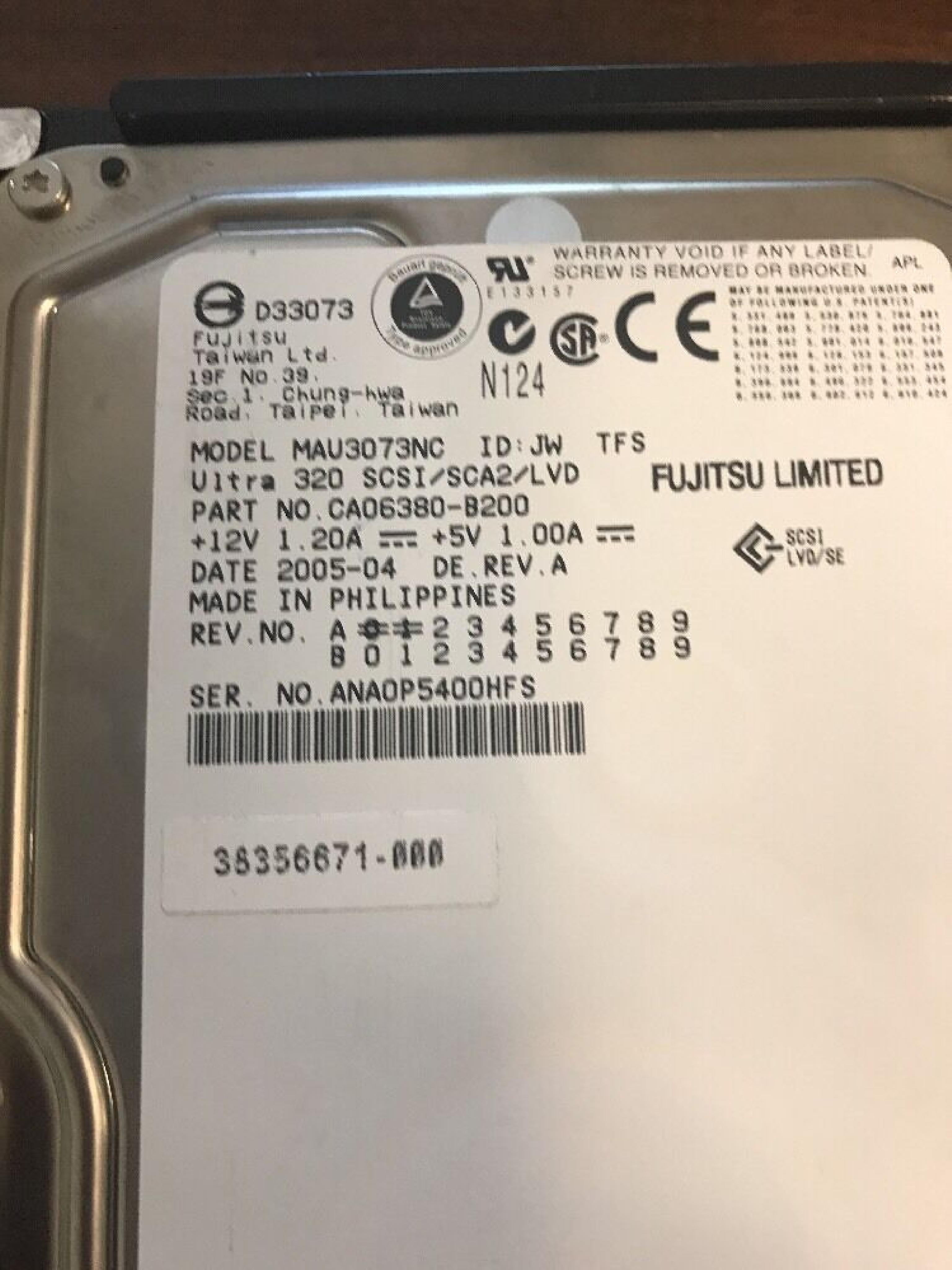 FUJITSU / HEWLETT PACKARD / HP MAU3073NC 73GB 10K RPM U320 SCSI SCA2 LVD/SE 2005-02 REV A FIRMWARE: 5C01 2005-06 A1-20 72.8GB 3.5IN 15K WIDE ULTRA320 SCSI/SCA2/LVD/SE ID: JW DATE: DE. REV. HPB2 DE 2005-10 2005-05