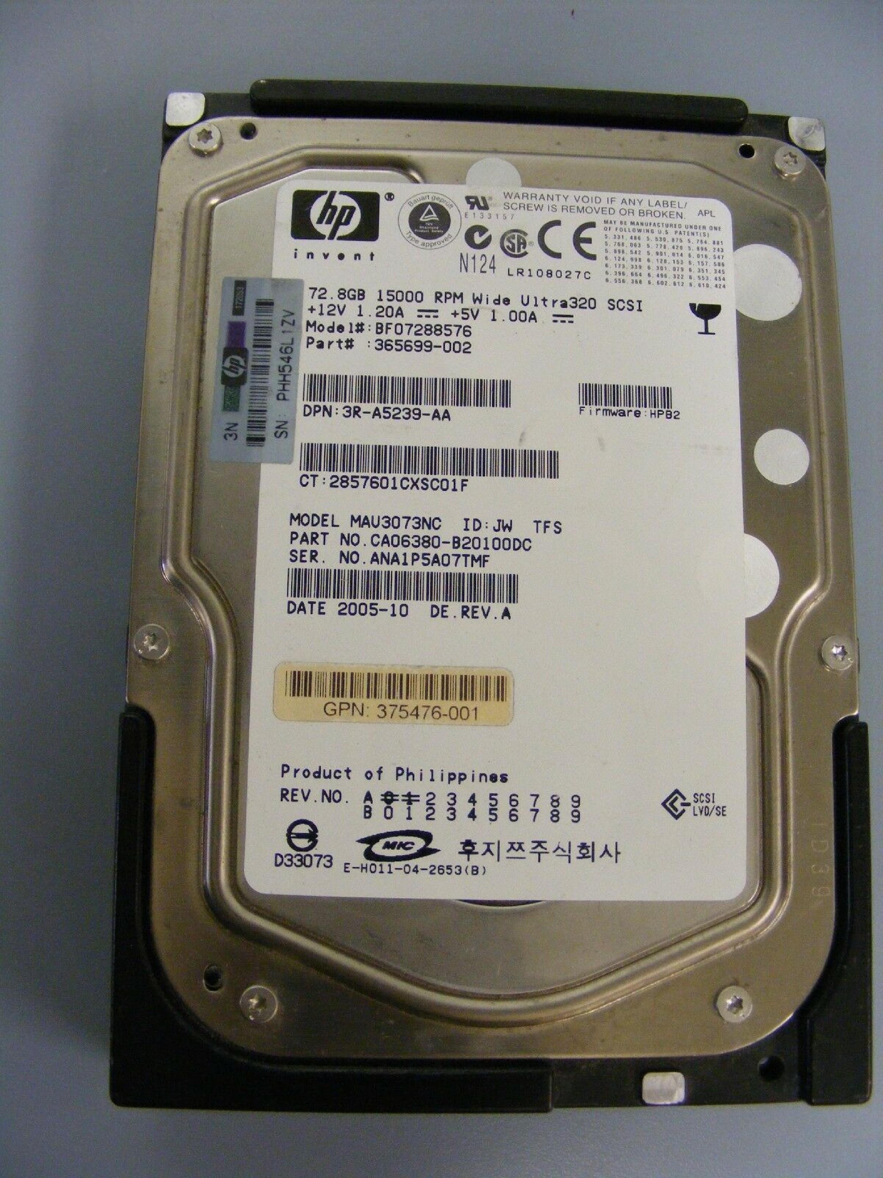 FUJITSU / HEWLETT PACKARD / HP MAU3073NC 73GB 10K RPM U320 SCSI SCA2 LVD/SE 2005-02 REV A FIRMWARE: 5C01 2005-06 A1-20 72.8GB 3.5IN 15K WIDE ULTRA320 SCSI/SCA2/LVD/SE ID: JW DATE: DE. REV. HPB2 DE 2005-10 2005-05