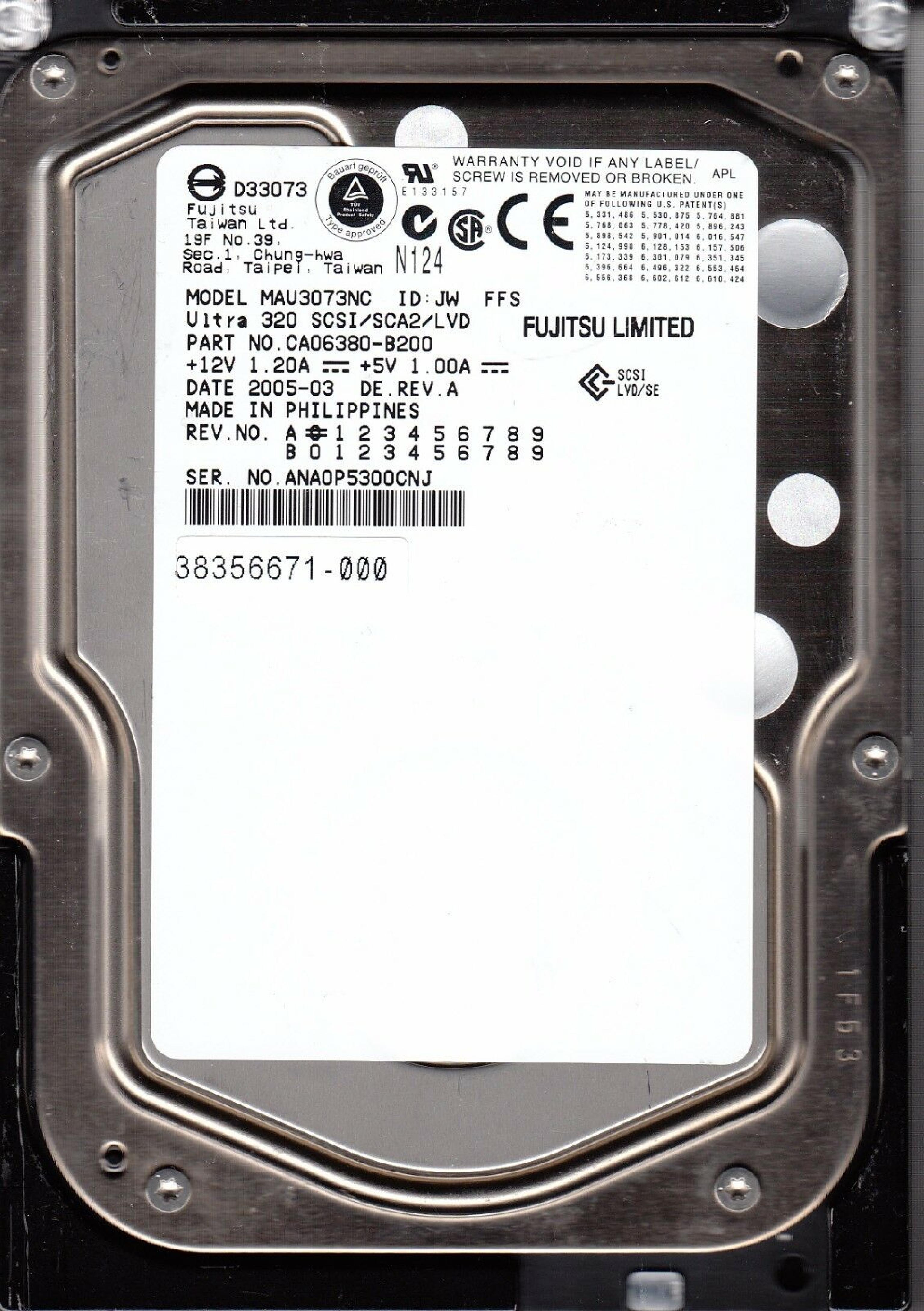 FUJITSU CA06380-B200 73GB 10K RPM U320 SCSI SCA2 LVD/SE 2005-02 REV A 72.8GB 3.5IN 15K WIDE ULTRA320 SCSI/SCA2/LVD/SE ID: JW DATE: DE. REV.