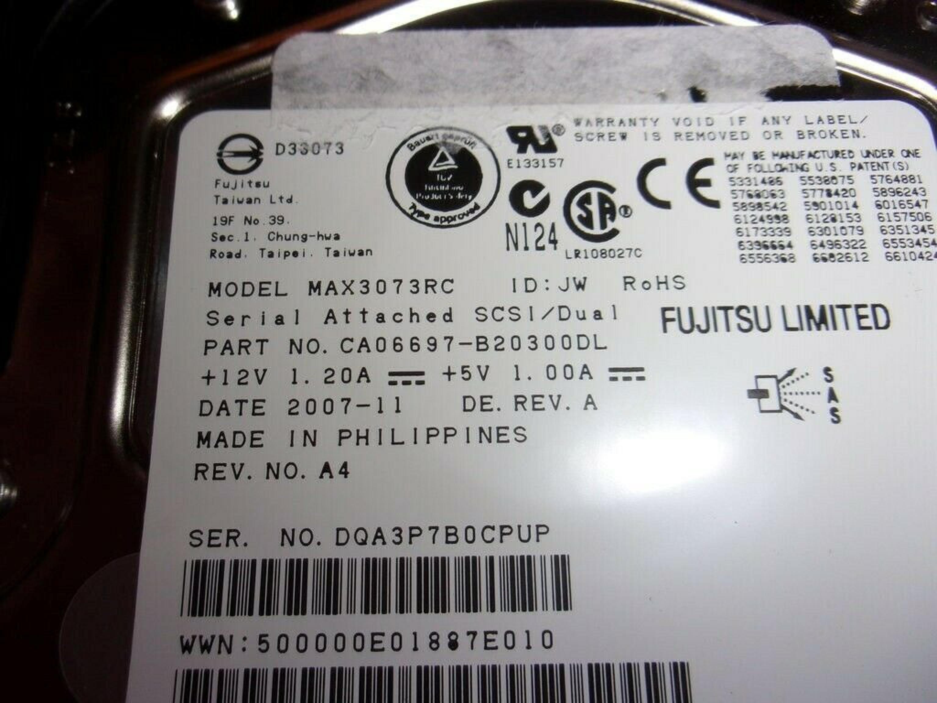 FUJITSU CA06697-B20300DL 73GB 10K RPM SCSI/DUAL FIRMWARE: D206 REV A 2007-03 A3 A00