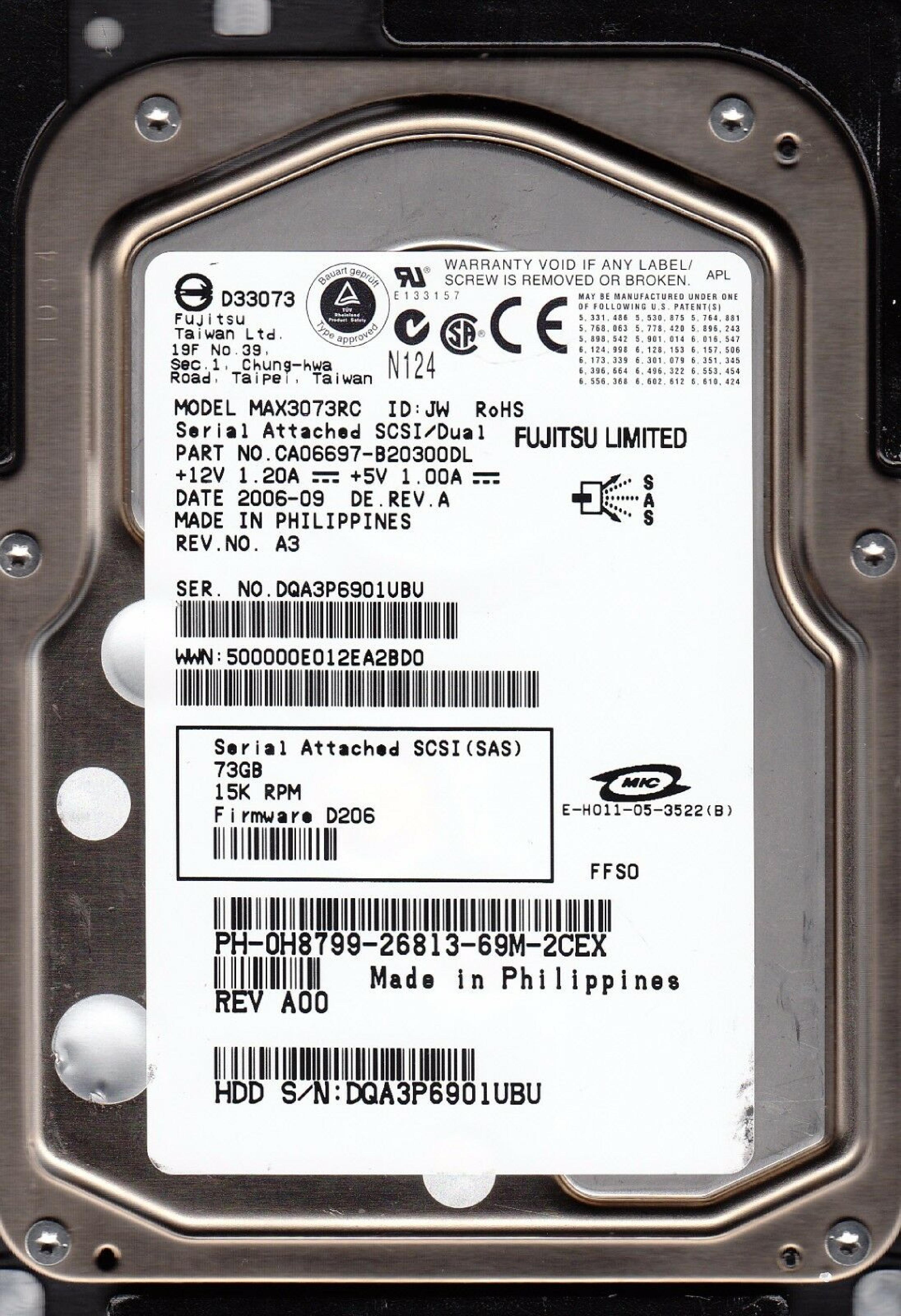 FUJITSU CA06697-B20300DL 73GB 10K RPM SCSI/DUAL FIRMWARE: D206 REV A 2007-03 A3 A00