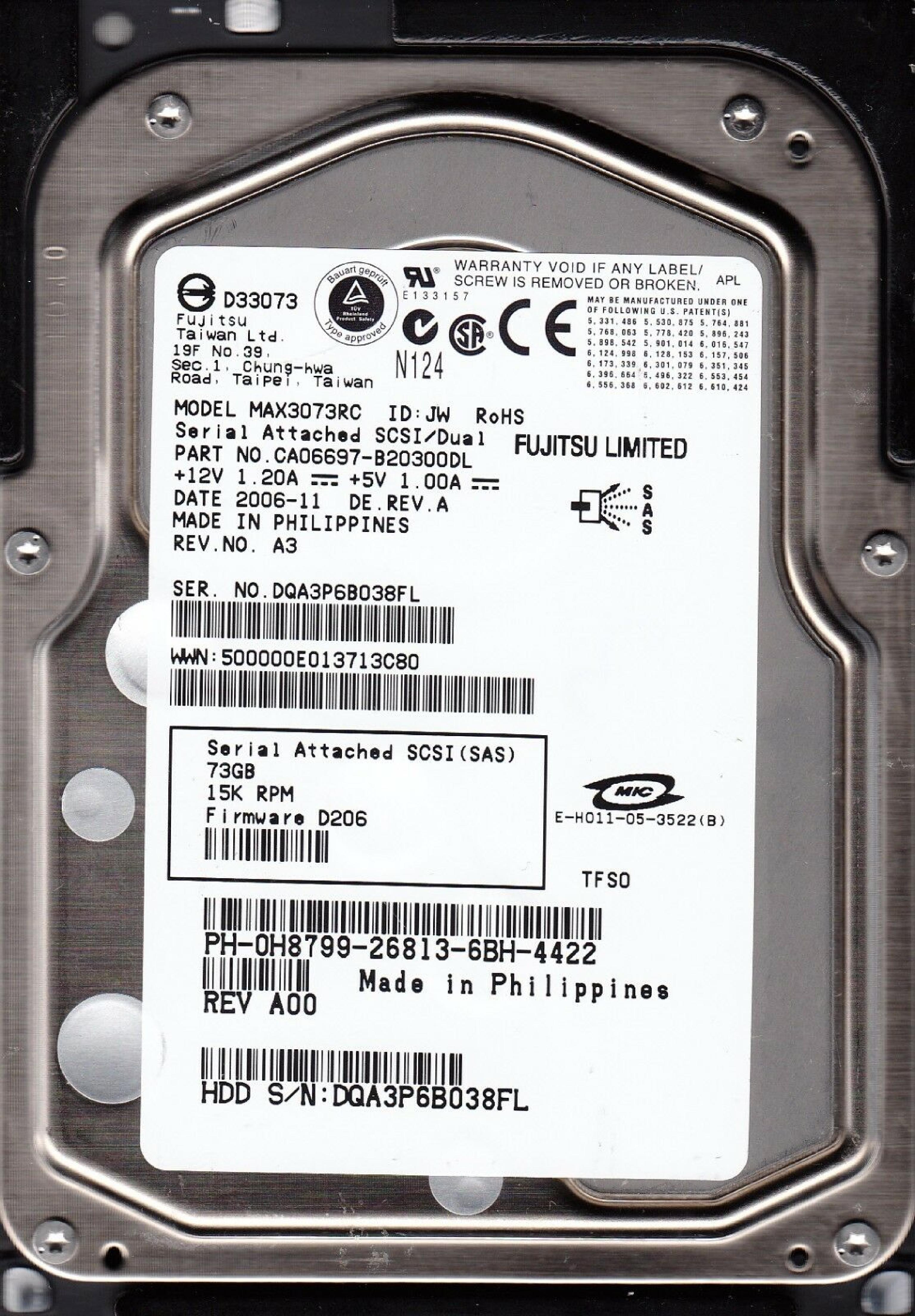 FUJITSU CA06697-B20300DL 73GB 10K RPM SCSI/DUAL FIRMWARE: D206 REV A 2007-03 A3 A00