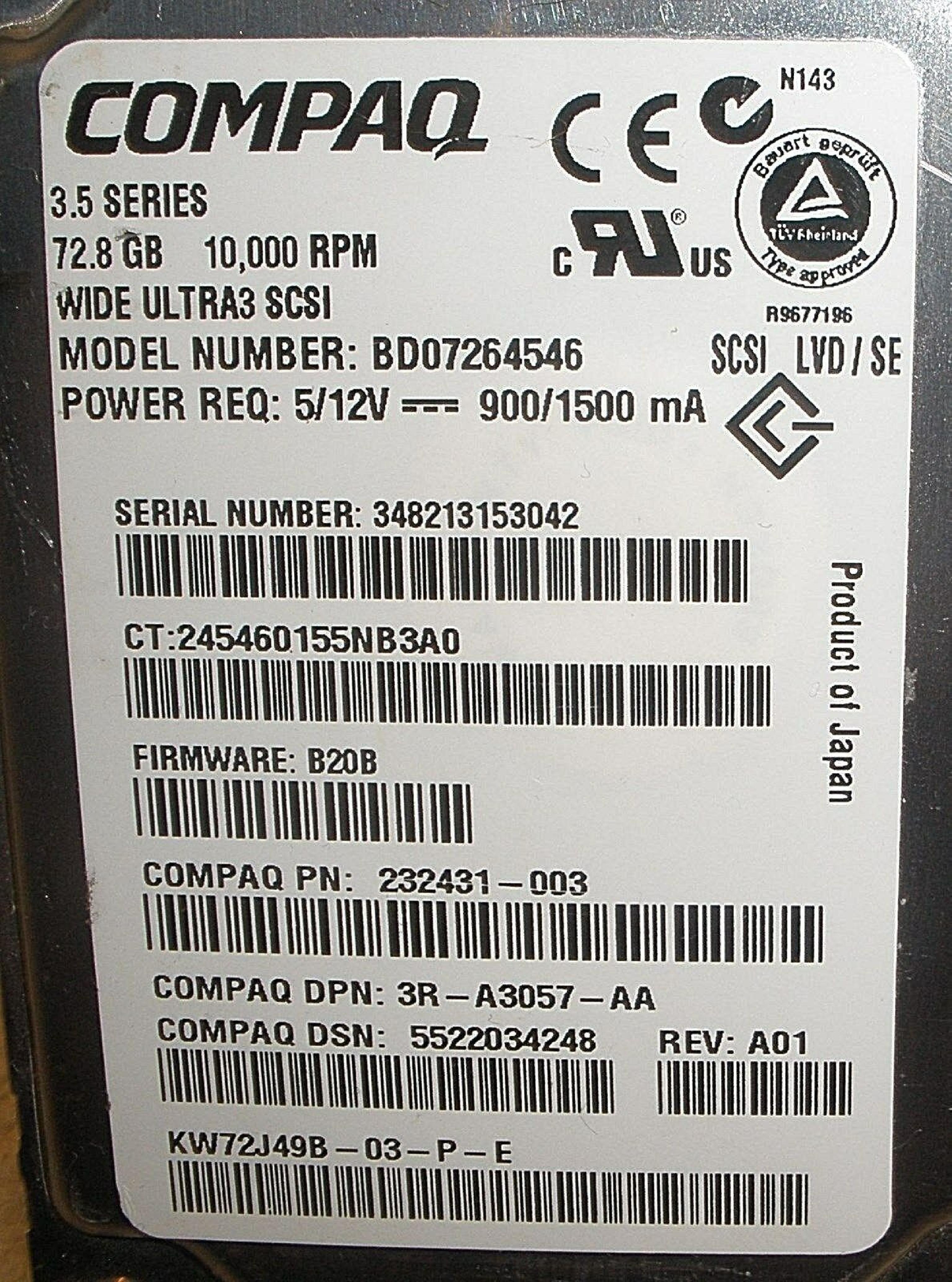 COMPAQ / HEWLETT PACKARD / HP BD07264546 72.8GB 3.5IN 10K RPM WIDE ULTRA 3 SCSI LVD/SE FIRMWARE: B20B N143