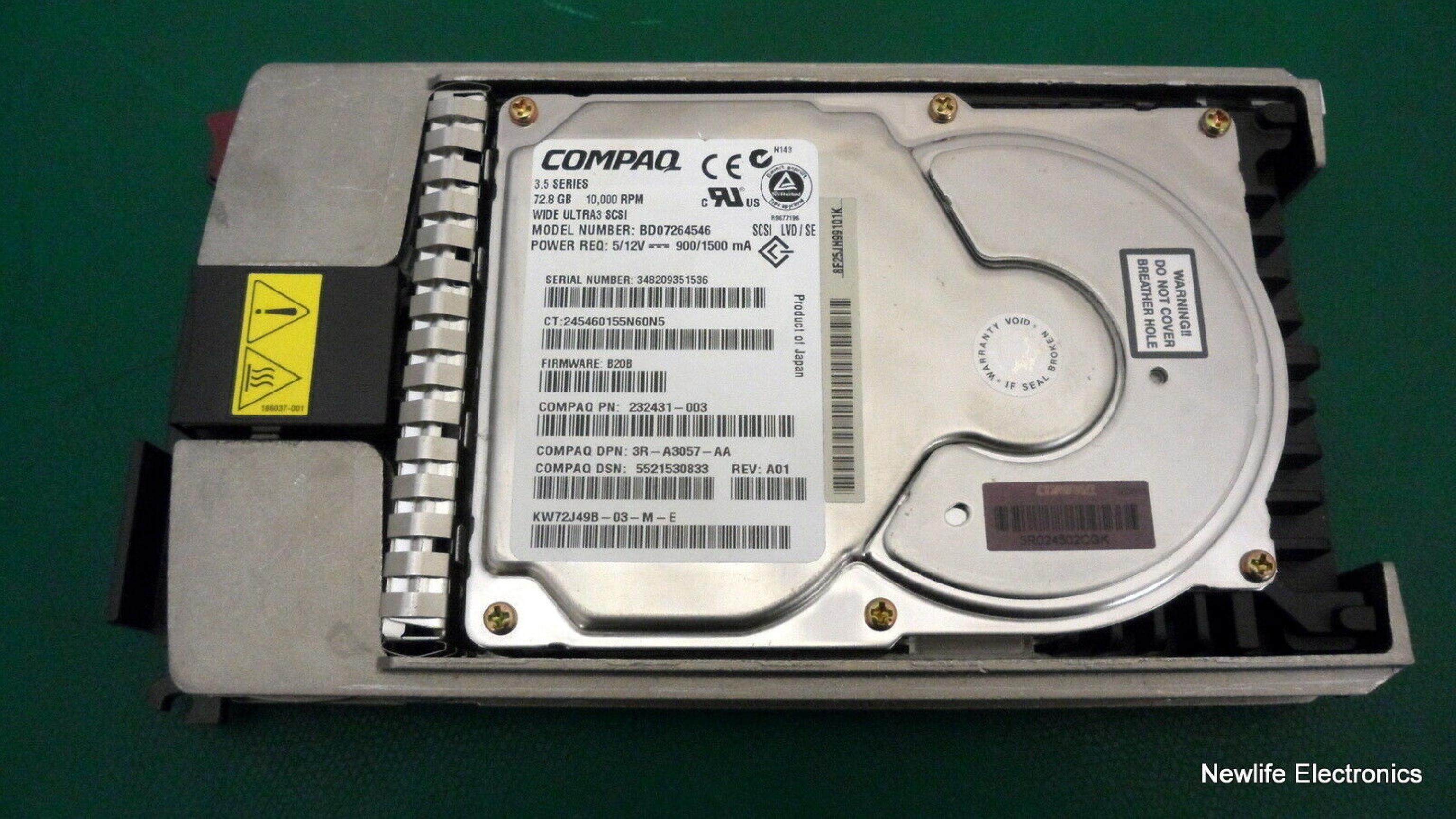 COMPAQ / HEWLETT PACKARD / HP 232431-003 72.8GB 3.5IN 10K RPM WIDE ULTRA 3 SCSI LVD/SE FIRMWARE: B20B N143