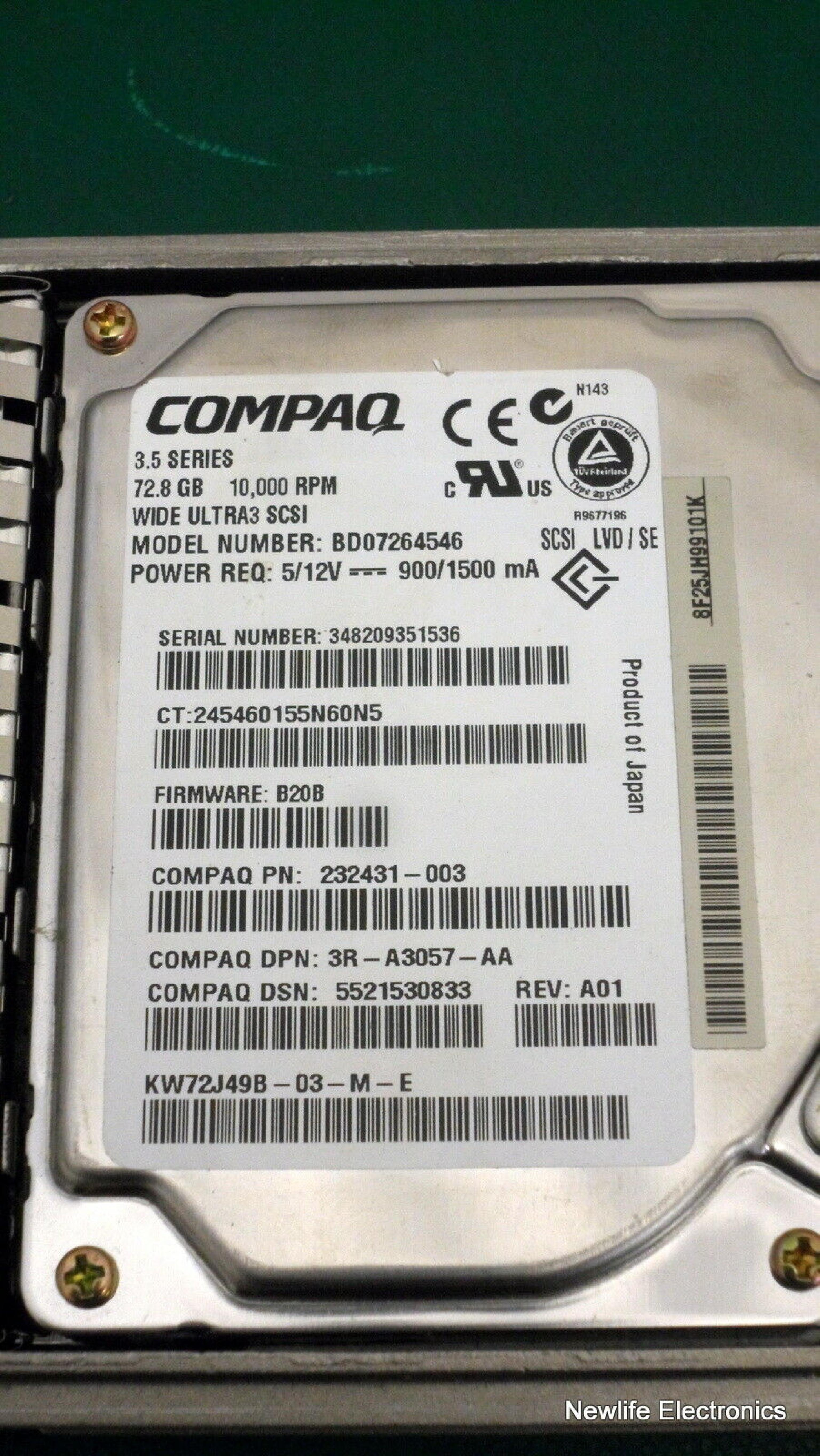 COMPAQ / HEWLETT PACKARD / HP 232431-003 72.8GB 3.5IN 10K RPM WIDE ULTRA 3 SCSI LVD/SE FIRMWARE: B20B N143