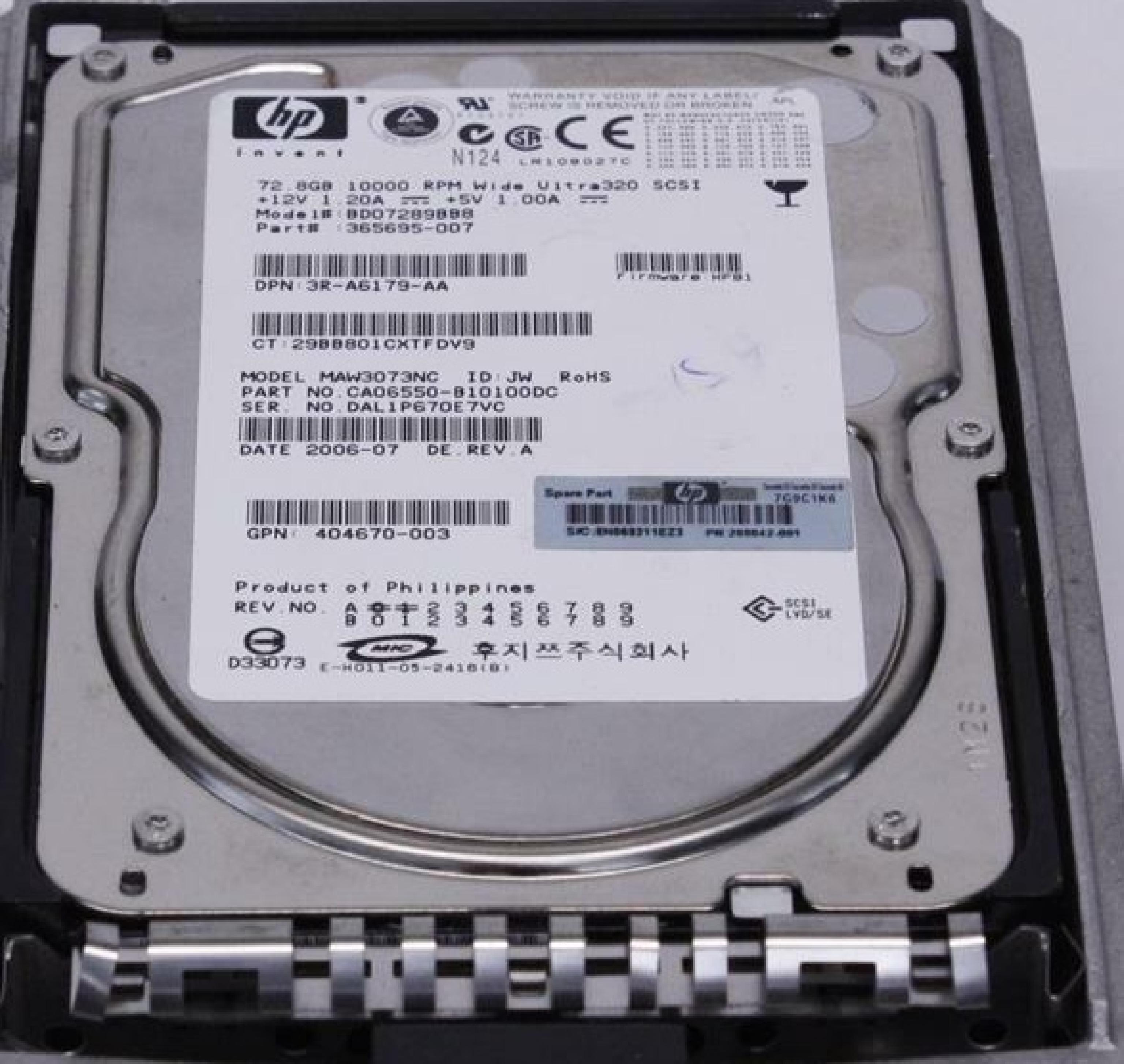 FUJITSU / HEWLETT PACKARD / HP 3R-A6179-AA 72.8GB 3.5IN 10K RPM WIDE ULTRA320 SCSI FIRMWARE: HPB1 2006-11 ID: JW REV. A N124 ULTRA 320 LVD/SE DATE: 2006-07 2007-01 DE: 2005-11 ID:JW 2006-09 2006-03 2006-06 FIRM: DE.REV.