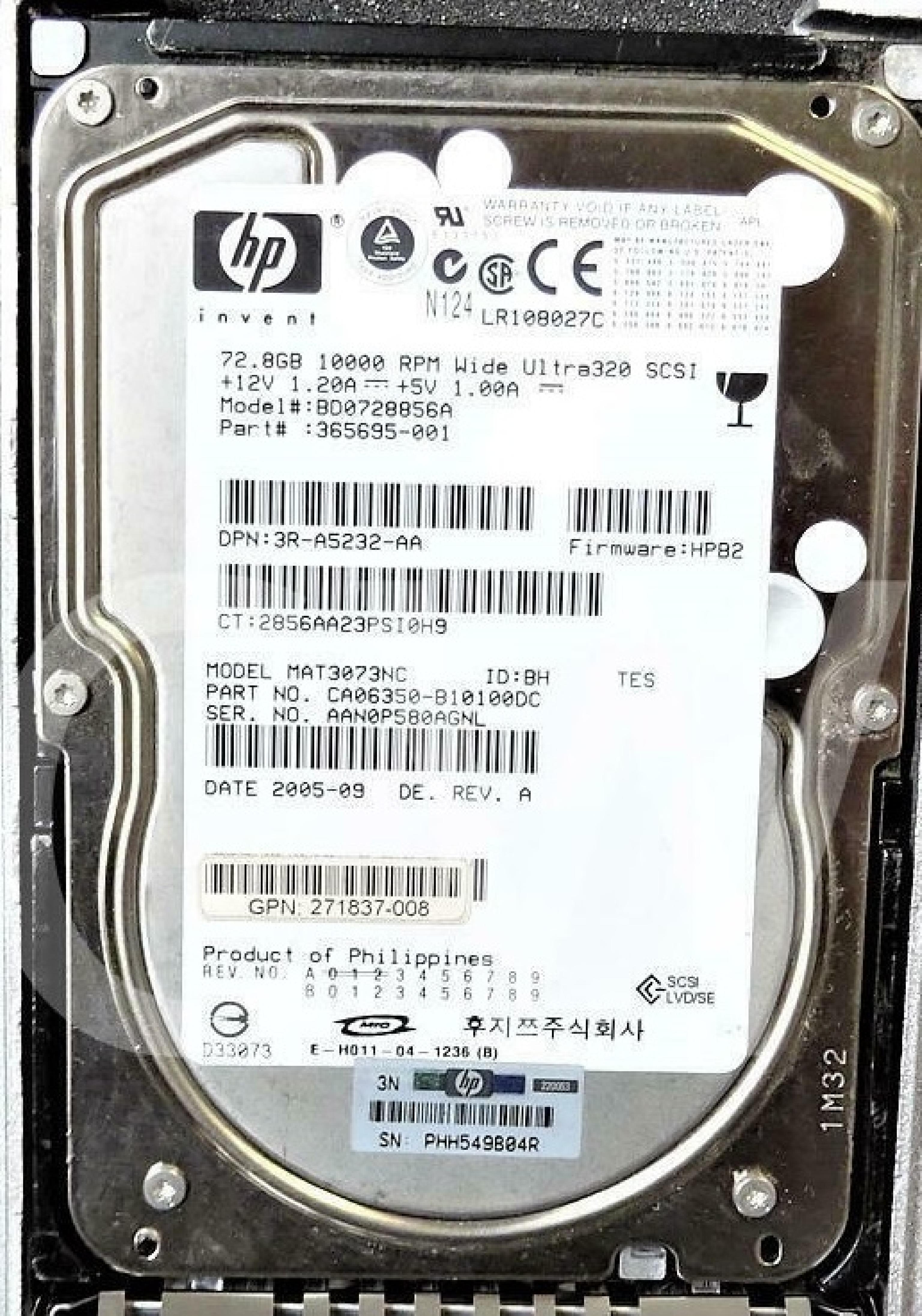 FUJITSU / HEWLETT PACKARD / HP BD0728856A 72.8GB 3.5IN 10K RPM WIDE ULTRA320 LVD/SE FIRMWARE: HPB0 2005-01 REV. A N124 ULTRA 320 SCSI DATE: FIRM: HPB2 ID:JW 2005-06 DE REV 2005-08 DE. ID: JW