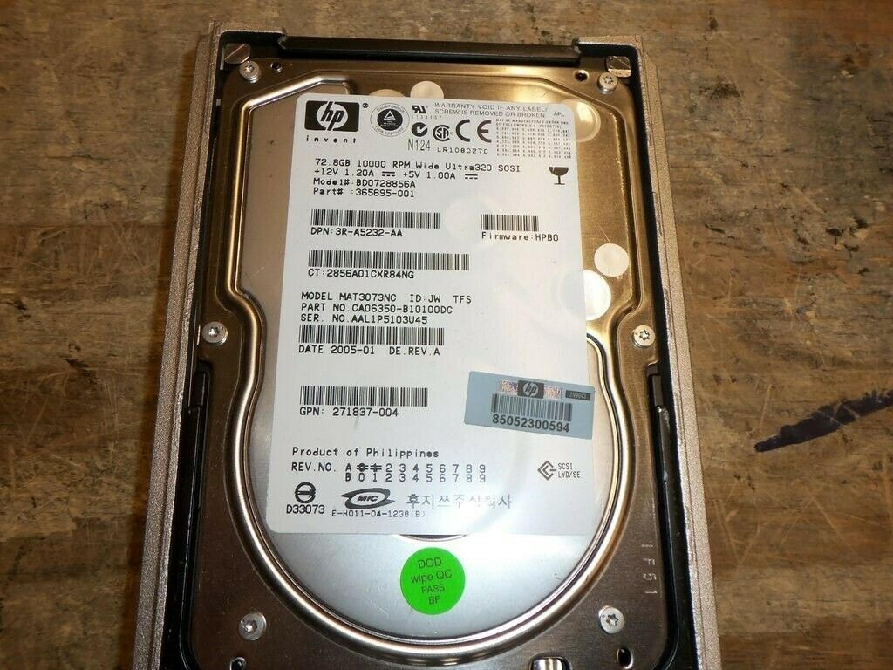 FUJITSU / HEWLETT PACKARD / HP BD0728856A 72.8GB 3.5IN 10K RPM WIDE ULTRA320 LVD/SE FIRMWARE: HPB0 2005-01 REV. A N124 ULTRA 320 SCSI DATE: FIRM: HPB2 ID:JW 2005-06 DE REV 2005-08 DE. ID: JW