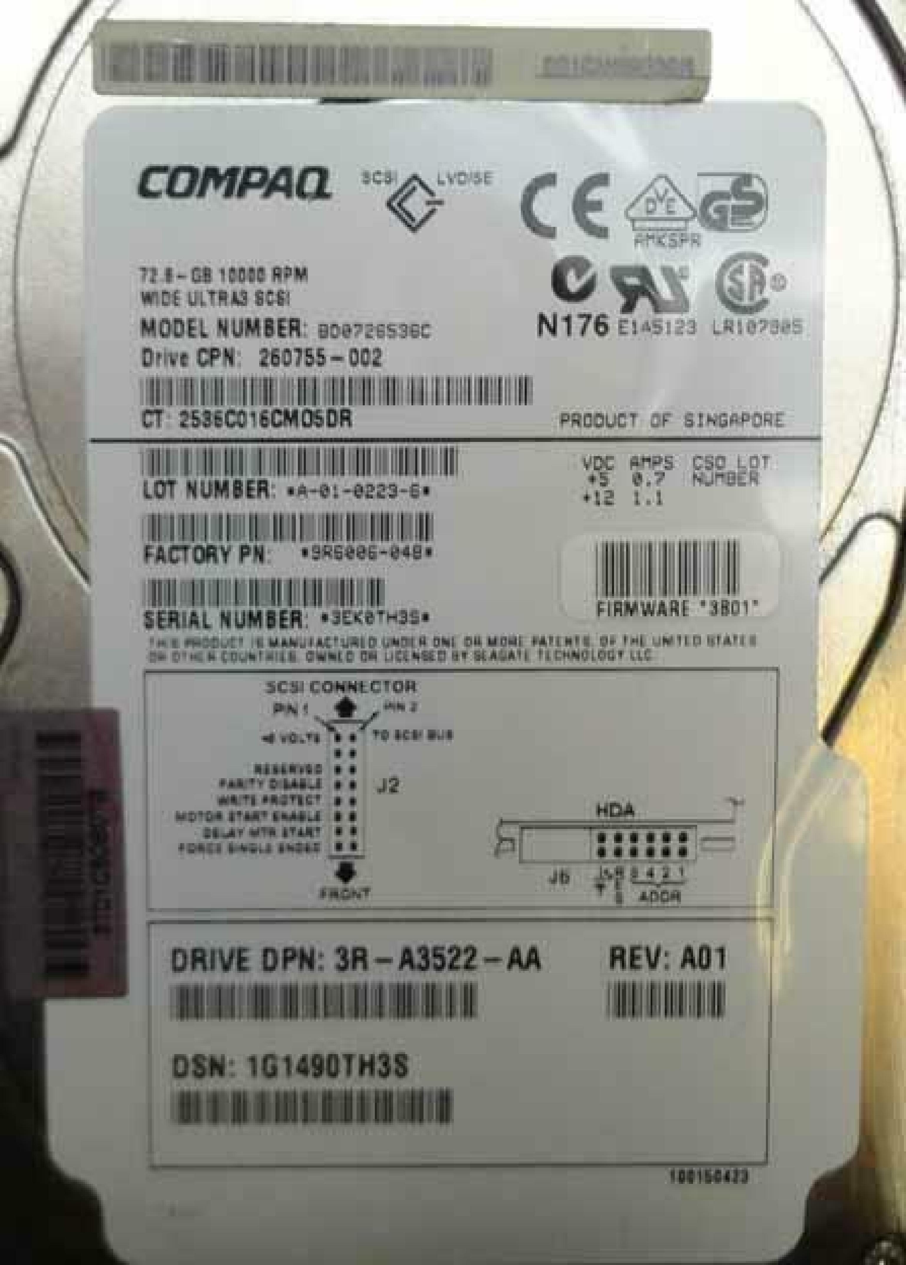 COMPAQ / HEWLETT PACKARD / HP BD0726536C 72.8GB 3.5IN 10K RPM WIDE ULTRA 3 SCSI LVD/SE FIRMWARE: 3B01 REV. A01 ULTRA3 FIRMWARE:3B01 REV: