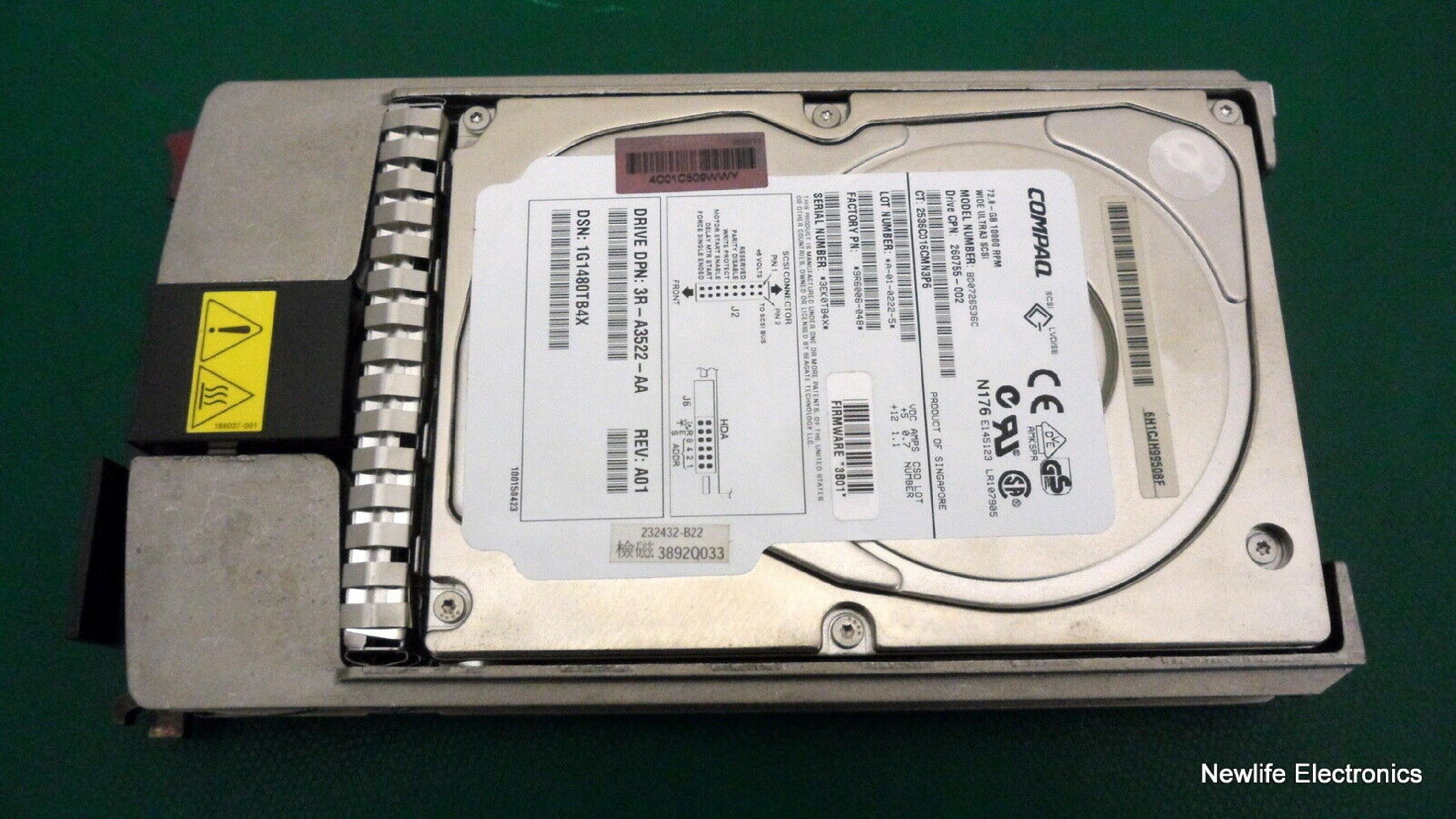 COMPAQ / HEWLETT PACKARD / HP 260755-002 72.8GB 3.5IN 10K RPM WIDE ULTRA 3 SCSI LVD/SE FIRMWARE: 3B01 REV. A01 ULTRA3 FIRMWARE:3B01 REV: