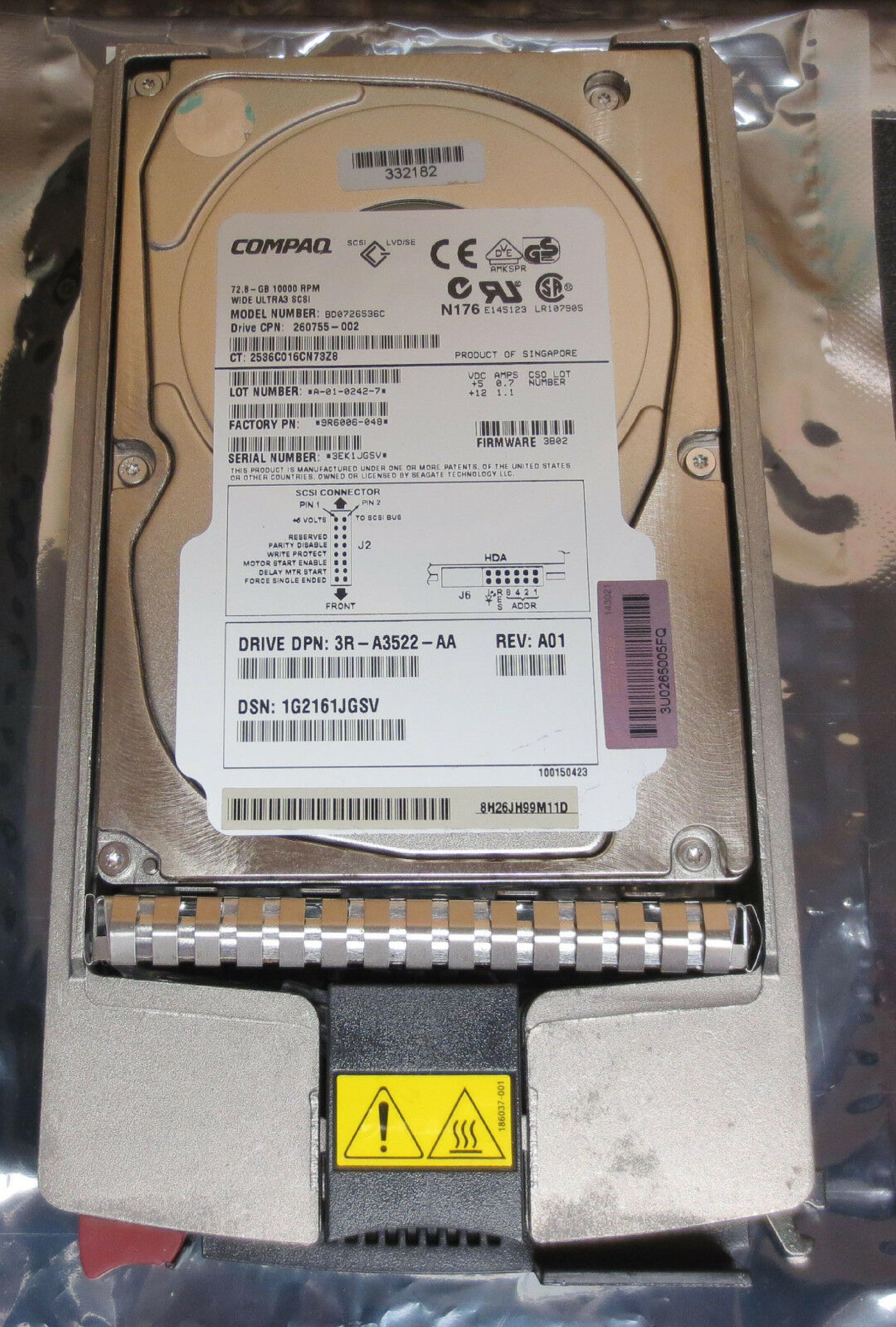 COMPAQ / HEWLETT PACKARD / HP 260755-002 72.8GB 3.5IN 10K RPM WIDE ULTRA 3 SCSI LVD/SE FIRMWARE: 3B01 REV. A01 ULTRA3 FIRMWARE:3B01 REV: