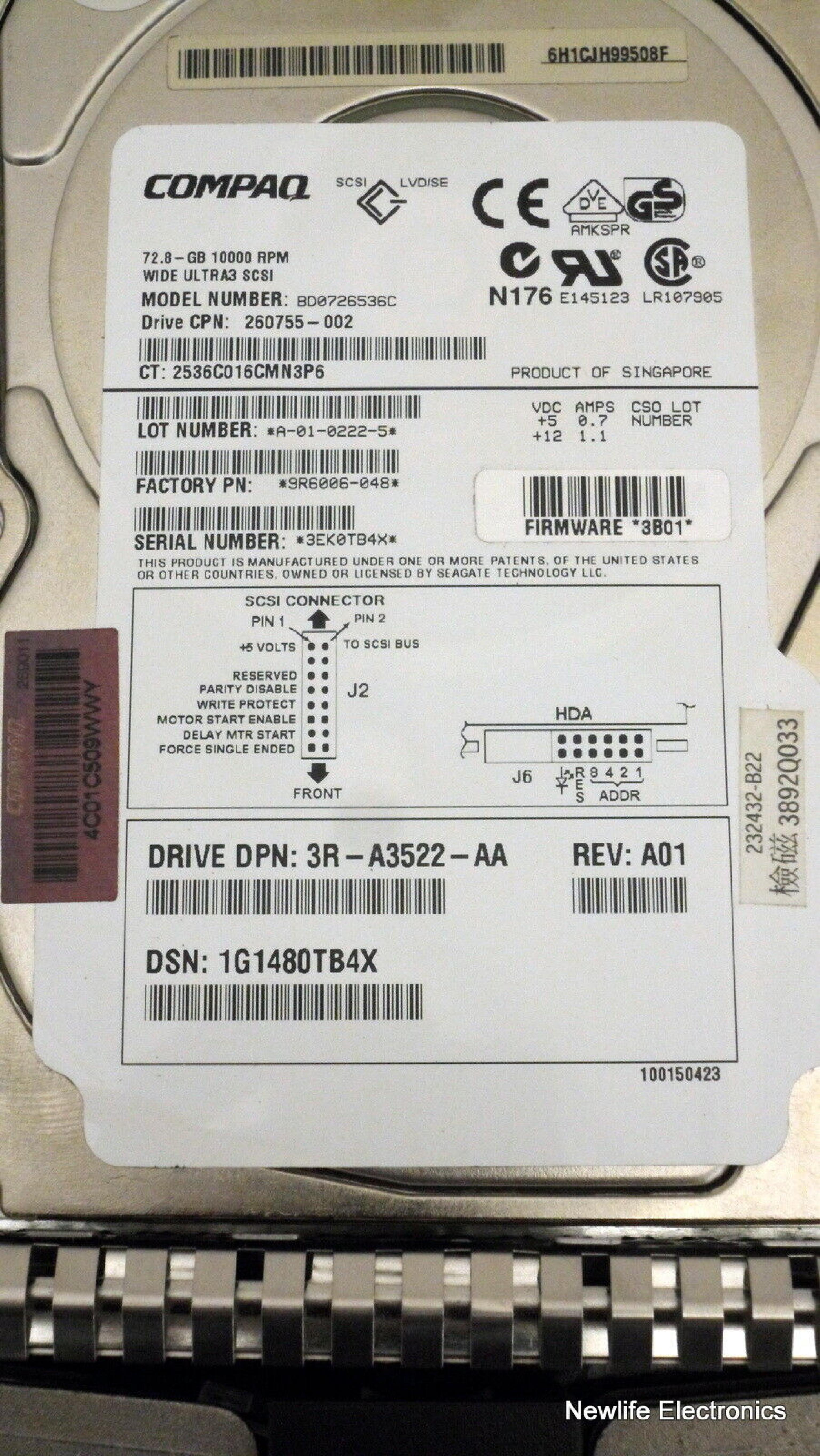 COMPAQ / HEWLETT PACKARD / HP 260755-002 72.8GB 3.5IN 10K RPM WIDE ULTRA 3 SCSI LVD/SE FIRMWARE: 3B01 REV. A01 ULTRA3 FIRMWARE:3B01 REV: