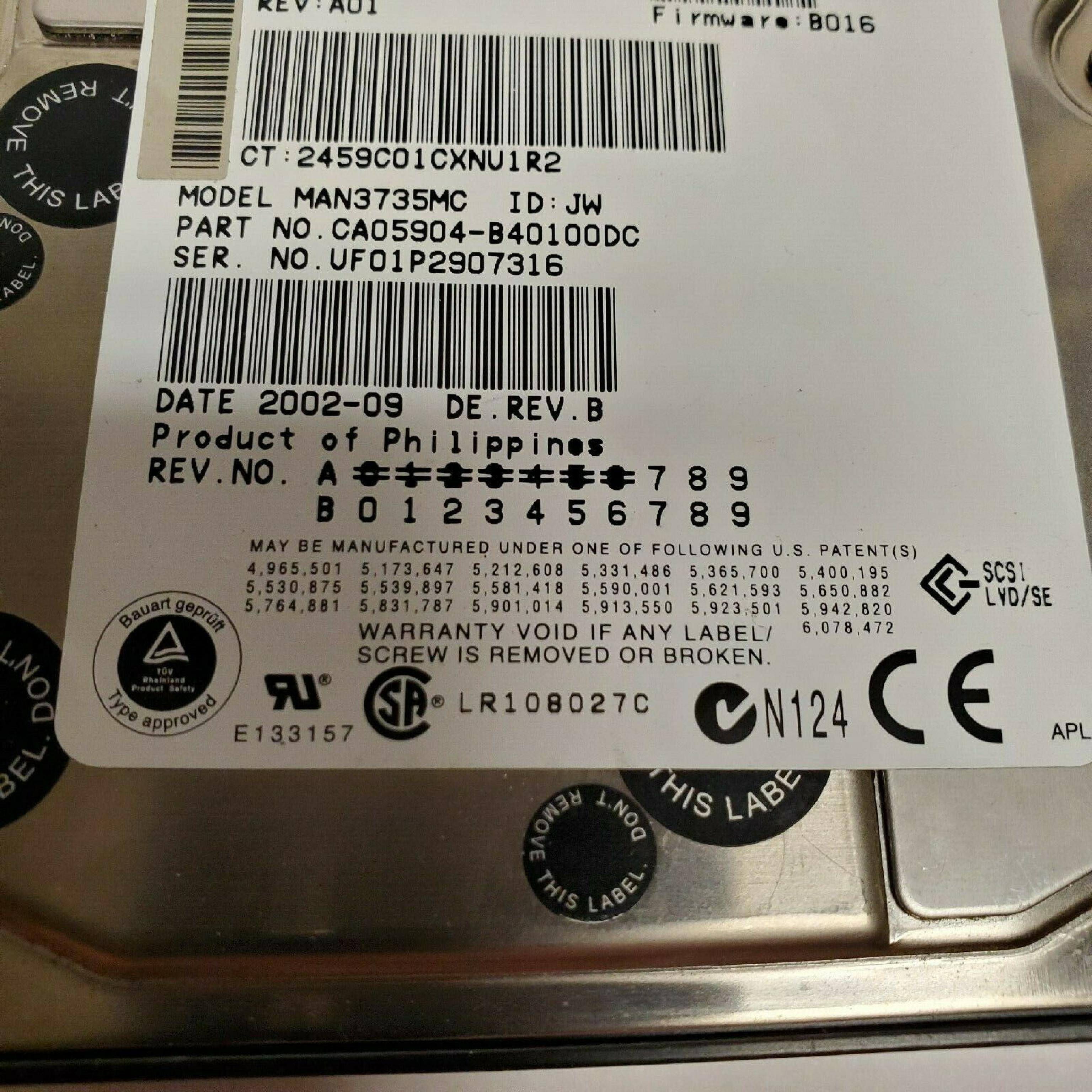 COMPAQ / HEWLETT PACKARD / HP BD0726459C 72.8GB 3.5IN 10K RPM WIDE ULTRA 3 SCSI LVD/SE FIRMWARE: B010 DATE: 2001-12 REV. B B016 2002-09 REV.B B005 2001-09 ULTRA3 REV:A01 FIRM: 2002-10 DE REV ID: JW 2002-05