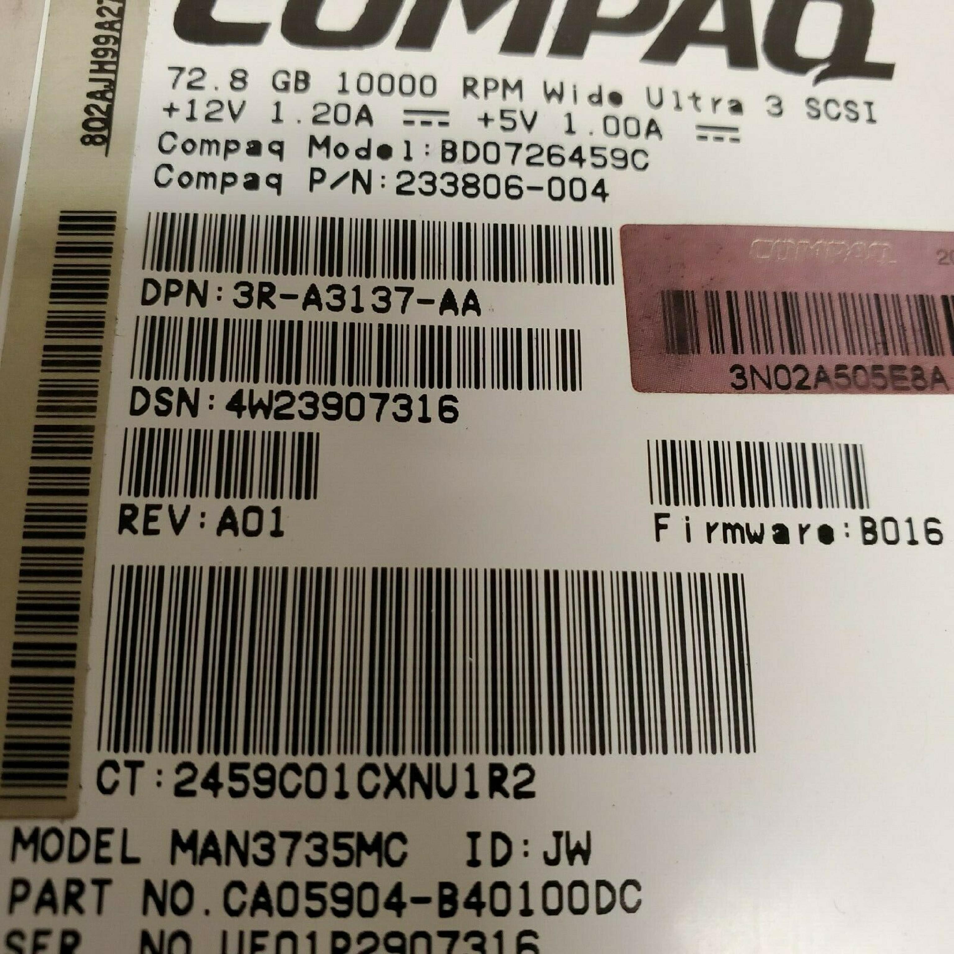 COMPAQ / HEWLETT PACKARD / HP BD0726459C 72.8GB 3.5IN 10K RPM WIDE ULTRA 3 SCSI LVD/SE FIRMWARE: B010 DATE: 2001-12 REV. B B016 2002-09 REV.B B005 2001-09 ULTRA3 REV:A01 FIRM: 2002-10 DE REV ID: JW 2002-05