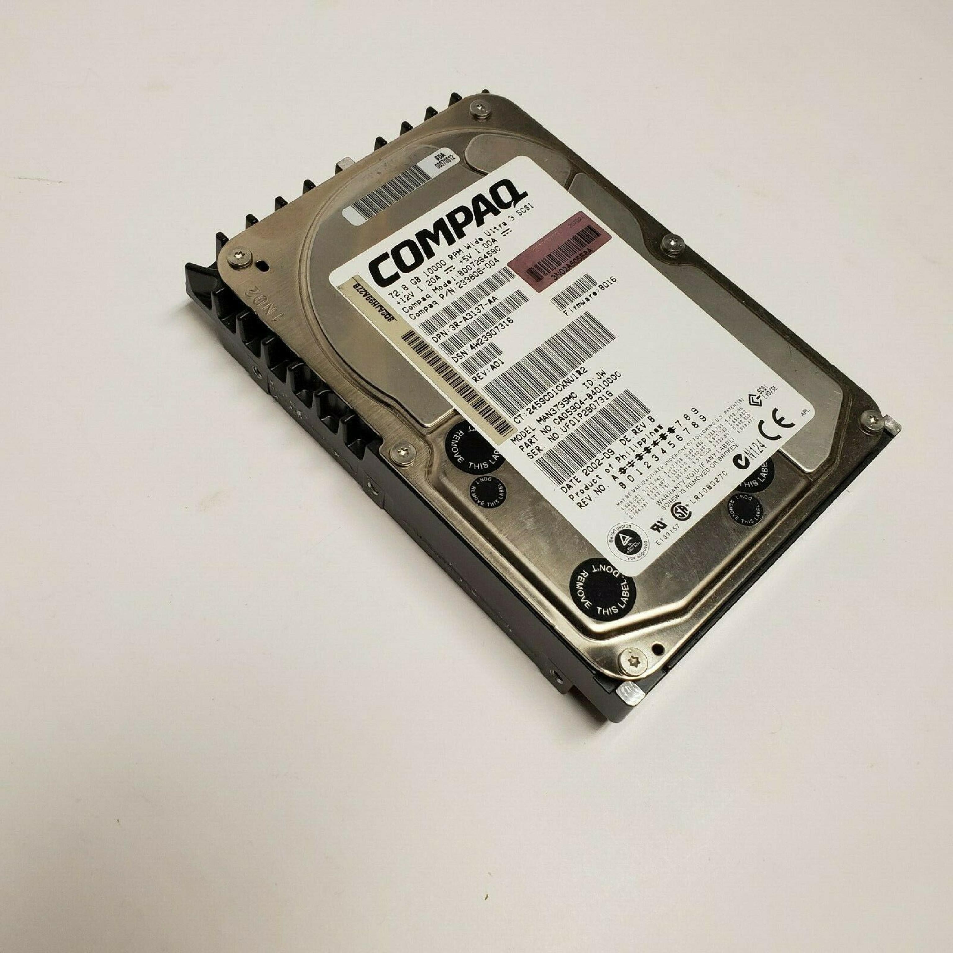 COMPAQ / HEWLETT PACKARD / HP 233806-004 72.8GB 3.5IN 10K RPM WIDE ULTRA 3 SCSI LVD/SE FIRMWARE: B010 DATE: 2001-12 REV. B B016 2002-09 REV.B B005 2001-09 ULTRA3 REV:A01 FIRM: 2002-10 DE REV ID: JW 2002-05