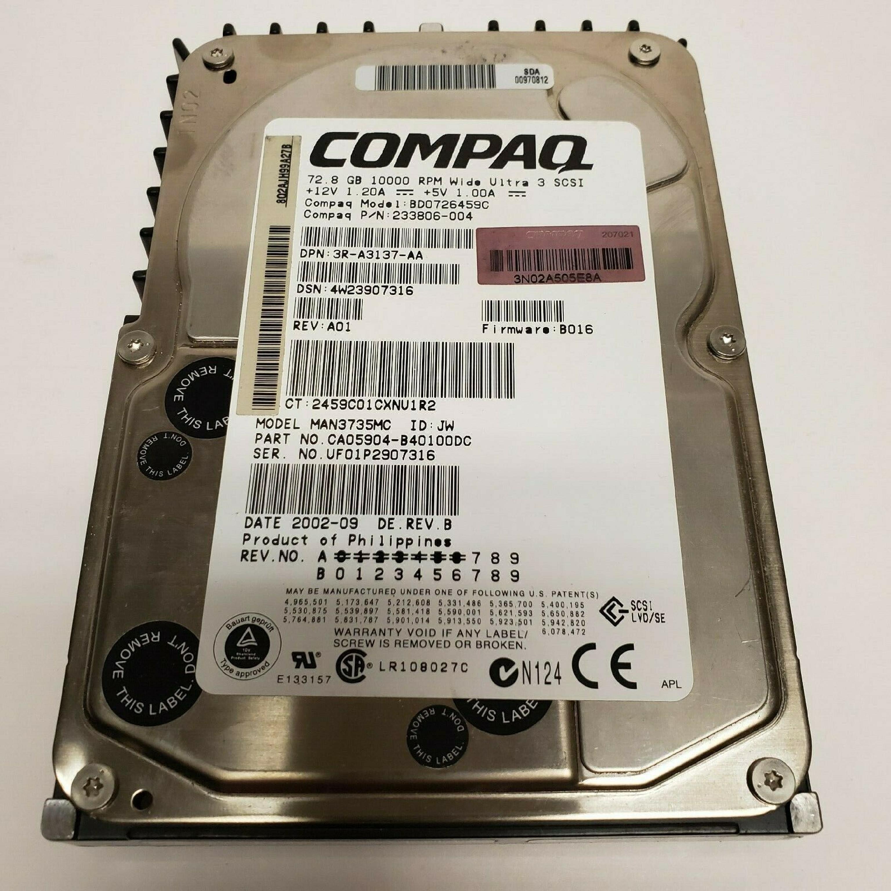 COMPAQ / HEWLETT PACKARD / HP 233806-004 72.8GB 3.5IN 10K RPM WIDE ULTRA 3 SCSI LVD/SE FIRMWARE: B010 DATE: 2001-12 REV. B B016 2002-09 REV.B B005 2001-09 ULTRA3 REV:A01 FIRM: 2002-10 DE REV ID: JW 2002-05