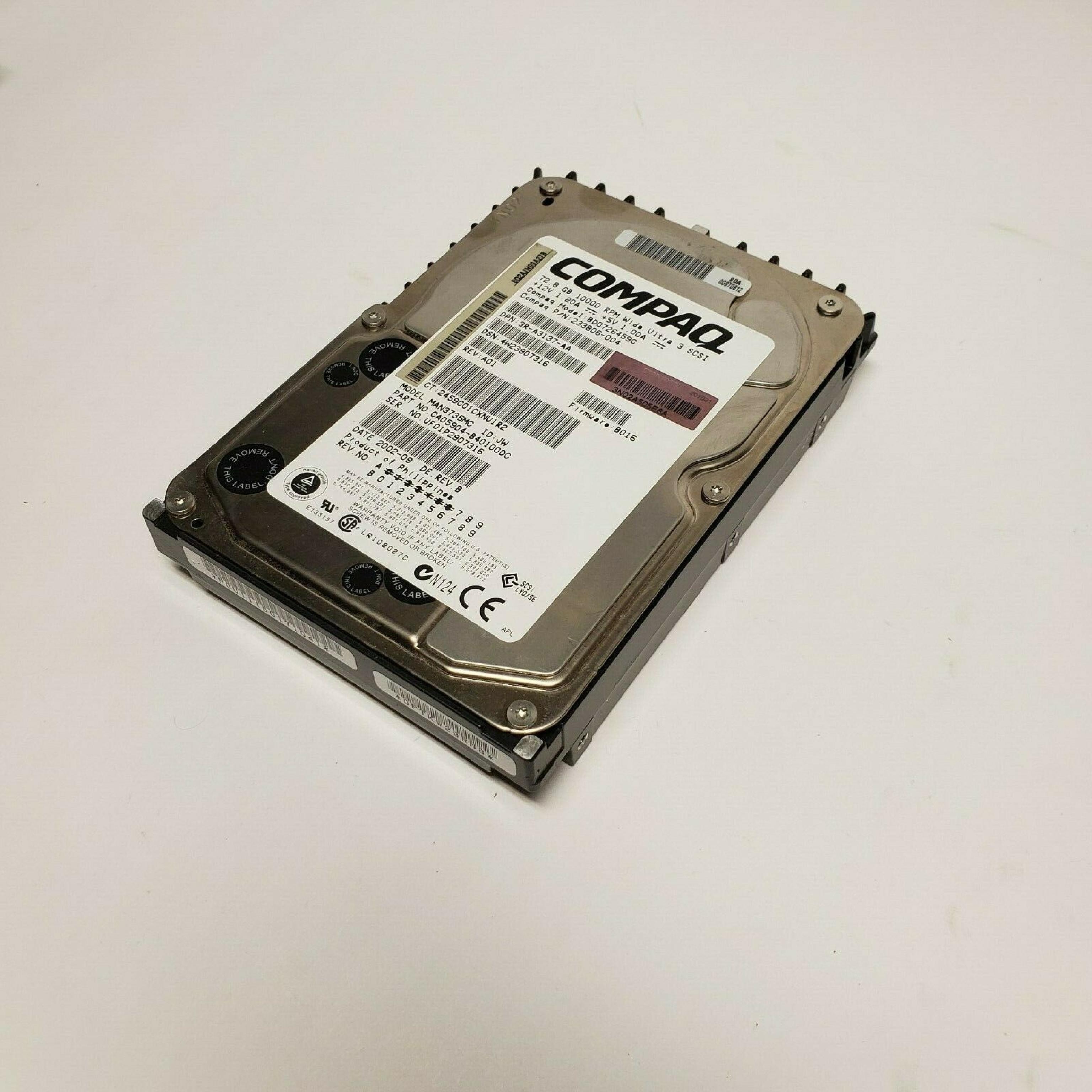 COMPAQ / HEWLETT PACKARD / HP 233806-004 72.8GB 3.5IN 10K RPM WIDE ULTRA 3 SCSI LVD/SE FIRMWARE: B010 DATE: 2001-12 REV. B B016 2002-09 REV.B B005 2001-09 ULTRA3 REV:A01 FIRM: 2002-10 DE REV ID: JW 2002-05