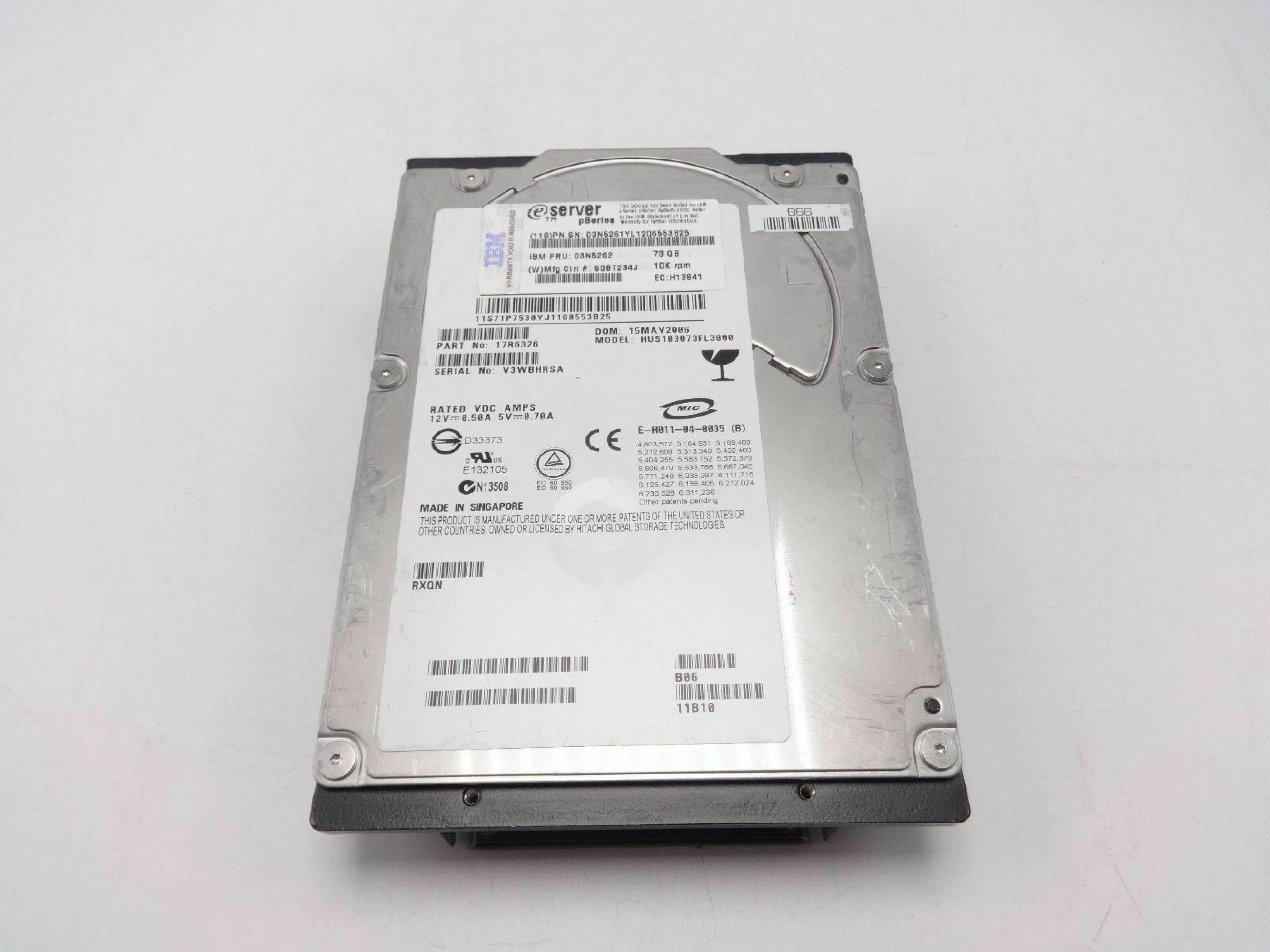 HITACHI / IBM / IBM 03N5262 73GB 10K RPM 3.5IN ULTRA320 HARD DRIVE DOM: 07JUN2006 REV: B06 RXQN 11B10 ESERVER PSERIES