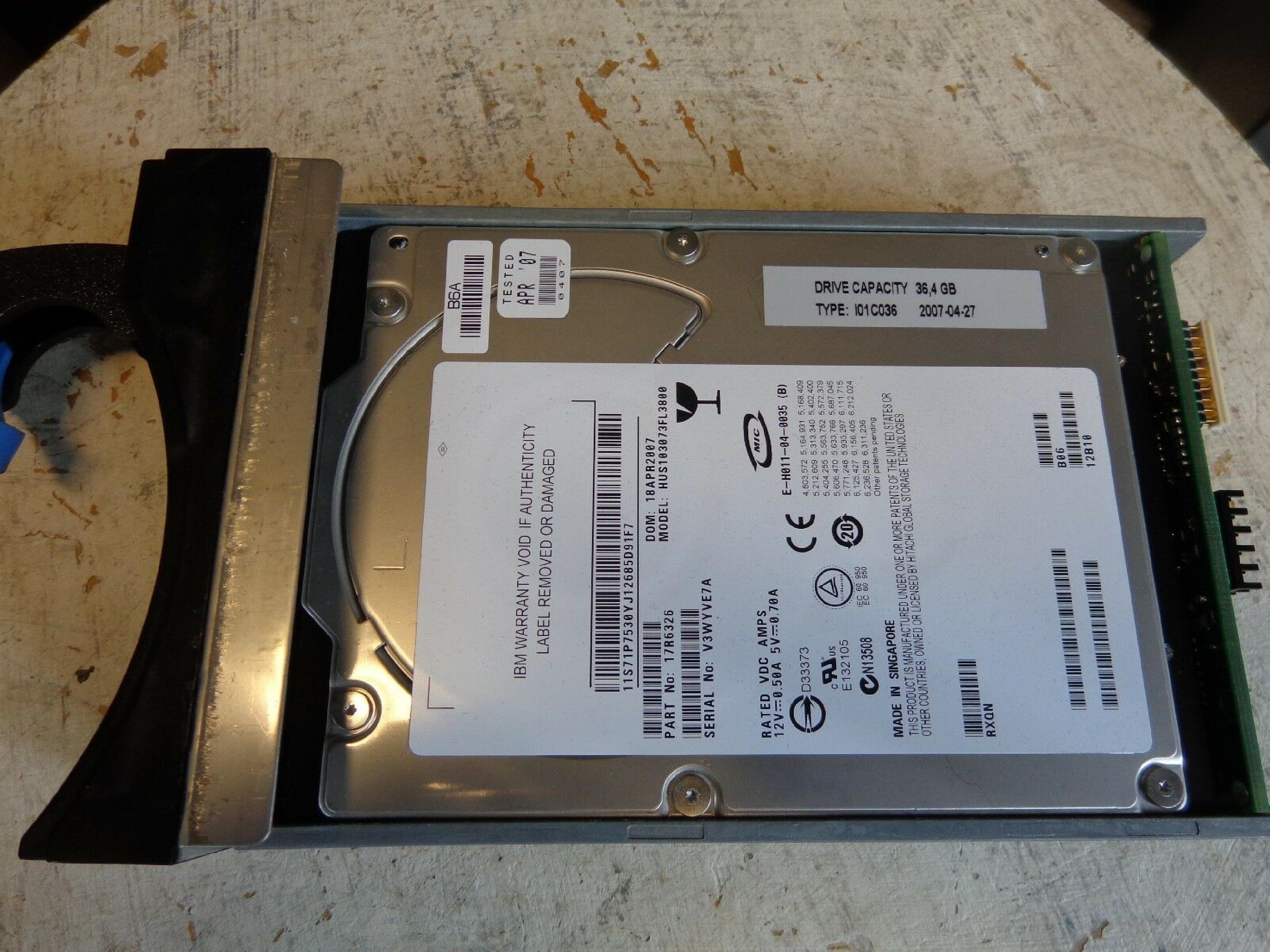 HITACHI / IBM / IBM 17R6326 73GB 10K RPM 3.5IN ULTRA320 HARD DRIVE DOM: 07JUN2006 REV: B06 RXQN 11B10 ESERVER PSERIES EC: H13841 02JUN2006 EC:H13841 36.4GB 10,000 SCA SCSI 3.5INCH