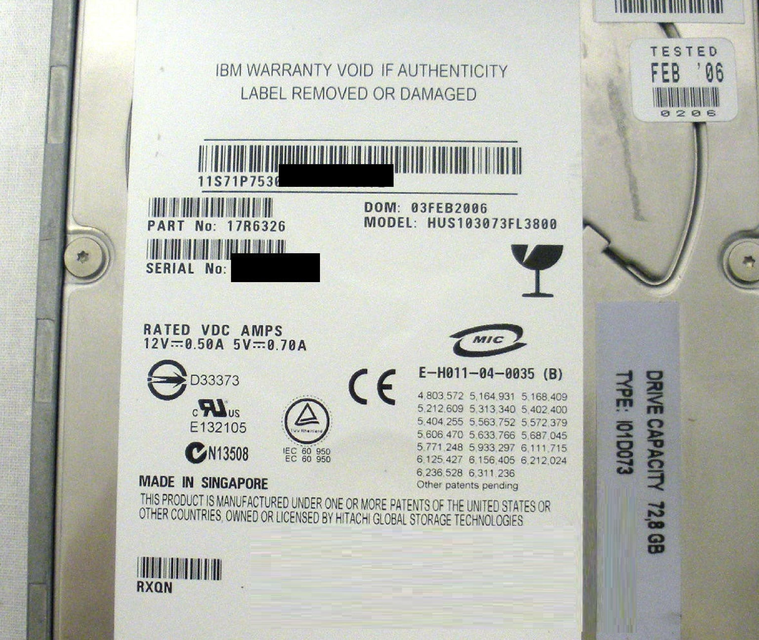 HITACHI / IBM / IBM 71P7530 73GB 10K RPM 3.5IN ULTRA320 HARD DRIVE DOM: 07JUN2006 REV: B06 RXQN 11B10 ESERVER PSERIES EC: H13841 02JUN2006 EC:H13841