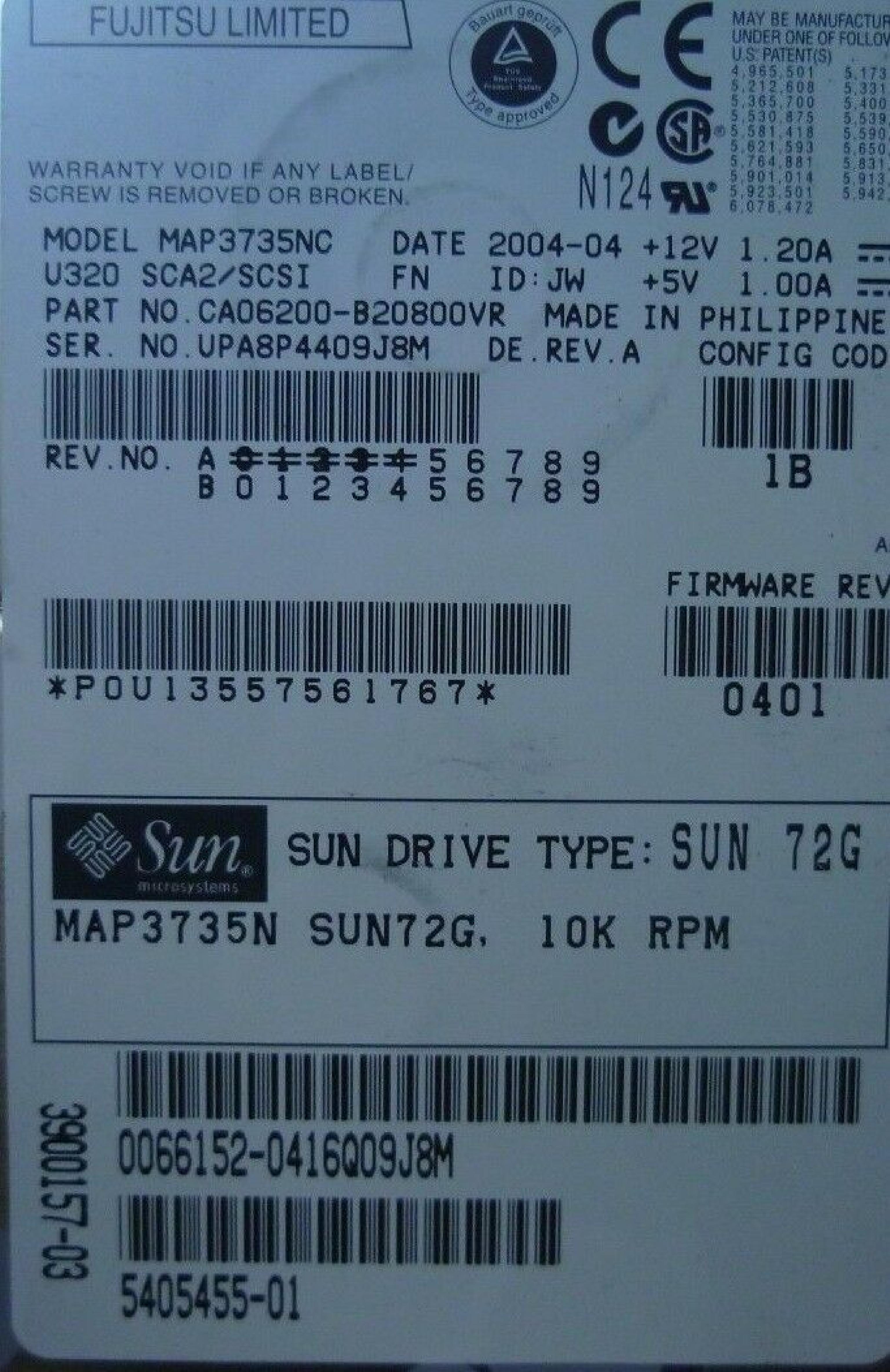 FUJITSU CA06200-B20800VR 72GB 10K RPM 3.5IN U320 SCA2/SCSI DATE: 2003-12 ID: JW REV. A 73GB 2004-01