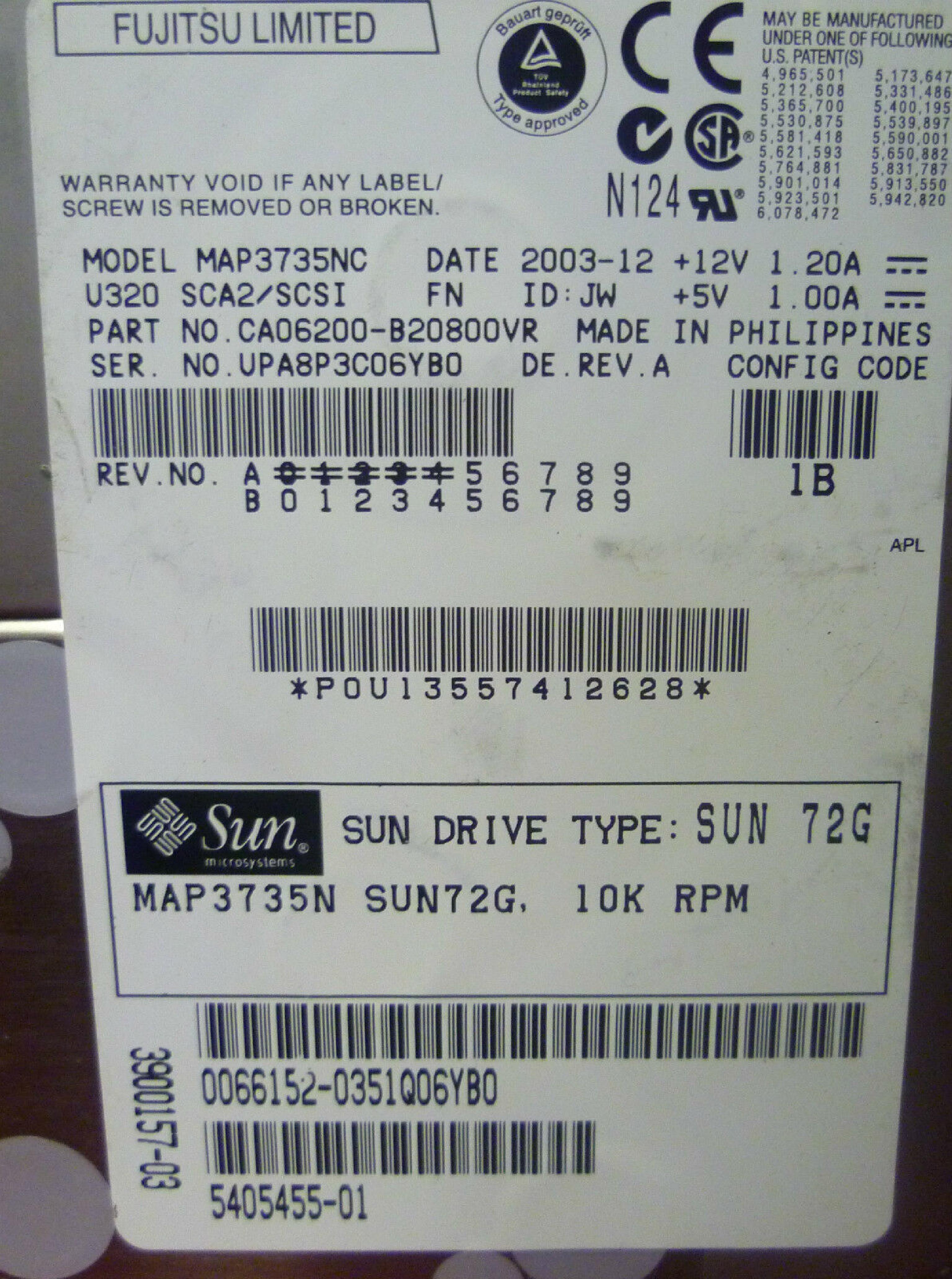 FUJITSU CA06200-B20800VR 72GB 10K RPM 3.5IN U320 SCA2/SCSI DATE: 2003-12 ID: JW REV. A 73GB 2004-01