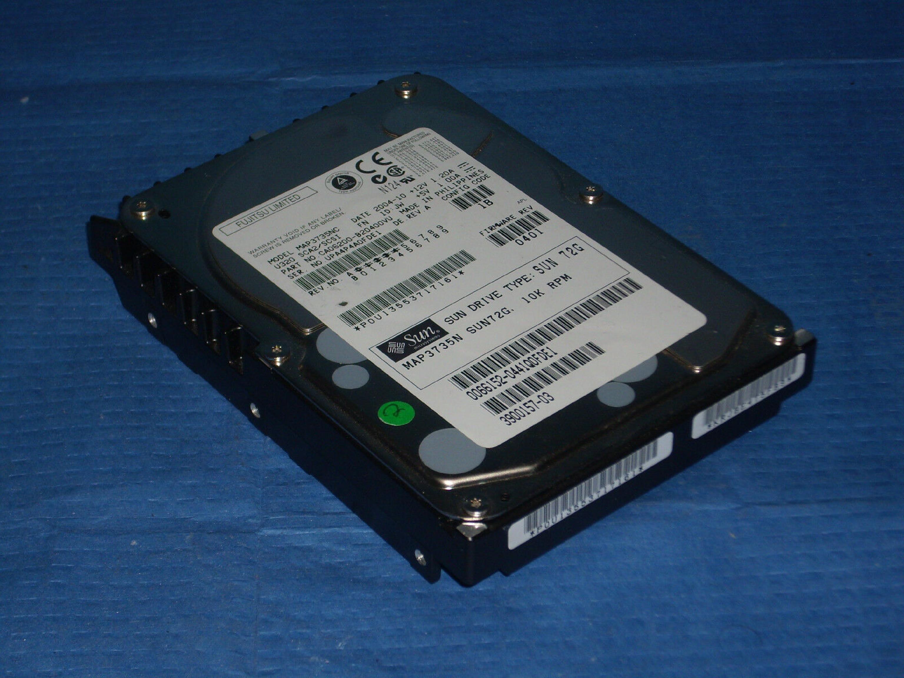 FUJITSU CA06200-B20400VU 73GB 10K RPM 3.5IN U320 SCA2/SCSI ID: JW REV. A FIRMWARE: 0401 DATE: 2004-10 2004-11