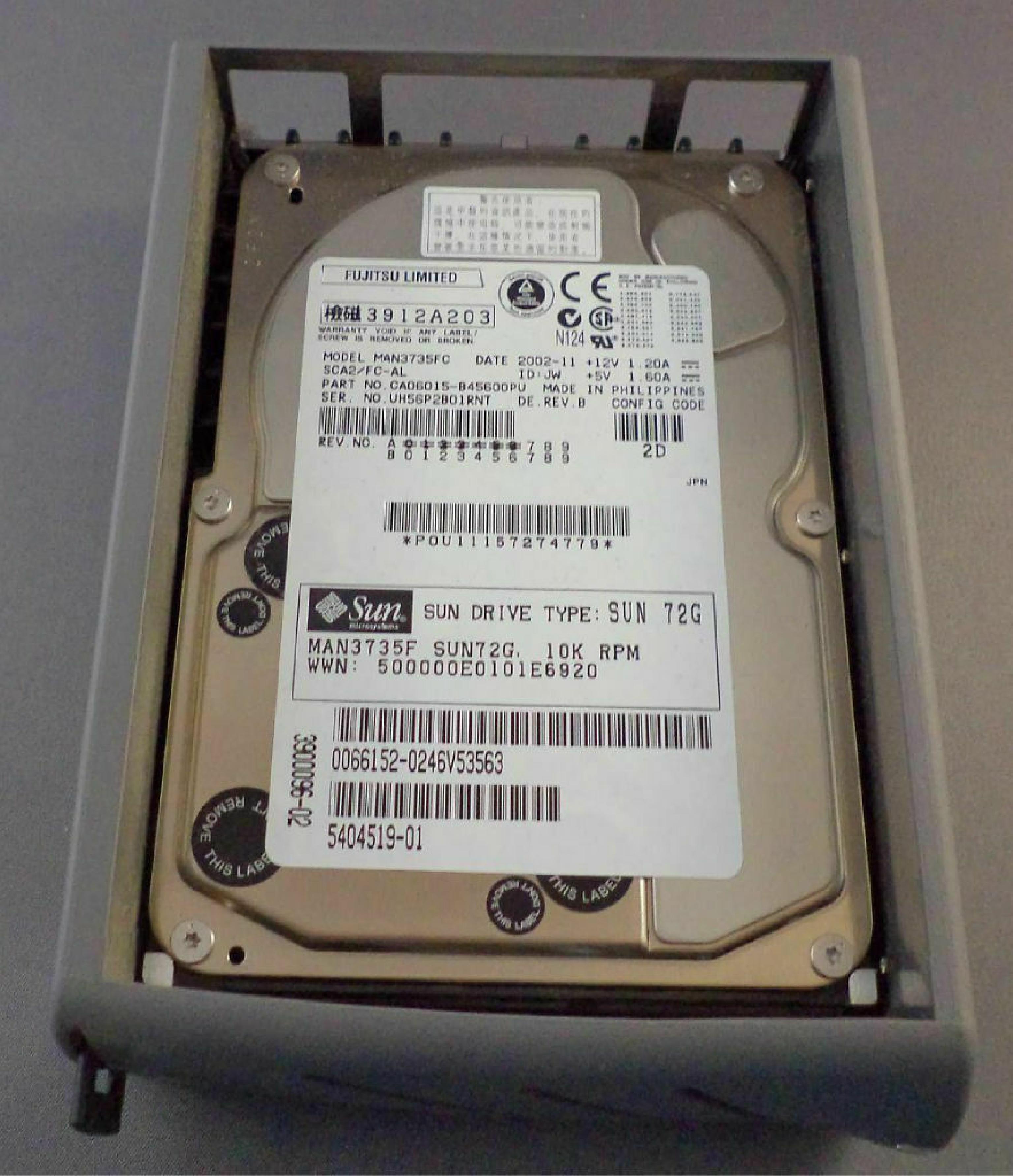 FUJITSU / SEAGATE SUN72G 73GB 10K RPM 3.5IN U320 SCA2/SCSI ID: JW REV. A FIRMWARE: 0602 DATE 2005-05 73.4GB 10K.6 CHEETAH LVD/SE 0507