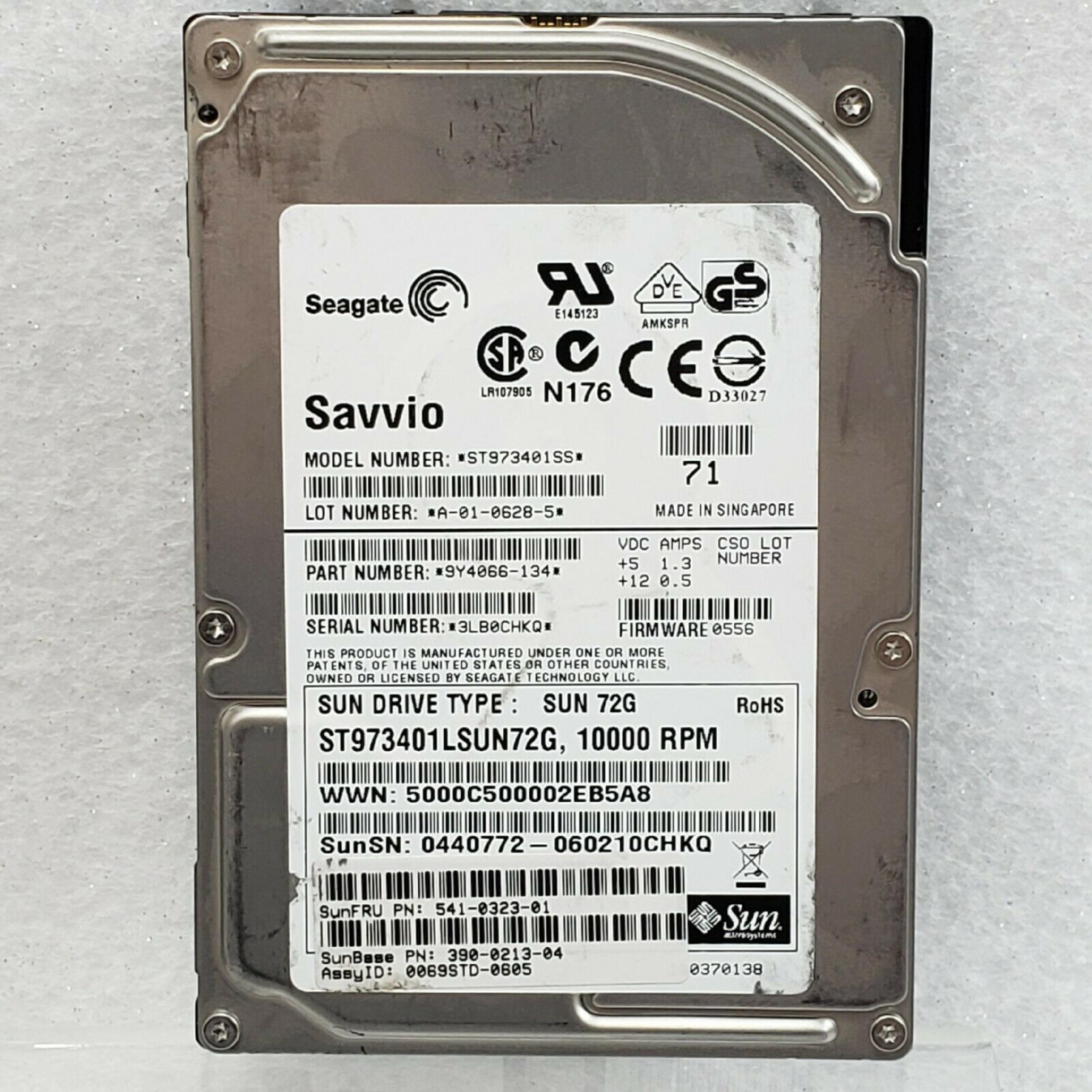 FUJITSU / SEAGATE SUN72G 73GB 10K RPM 3.5IN U320 SCA2/SCSI ID: JW REV. A FIRMWARE: 0602 DATE 2005-05 73.4GB 10K.6 CHEETAH LVD/SE 0507