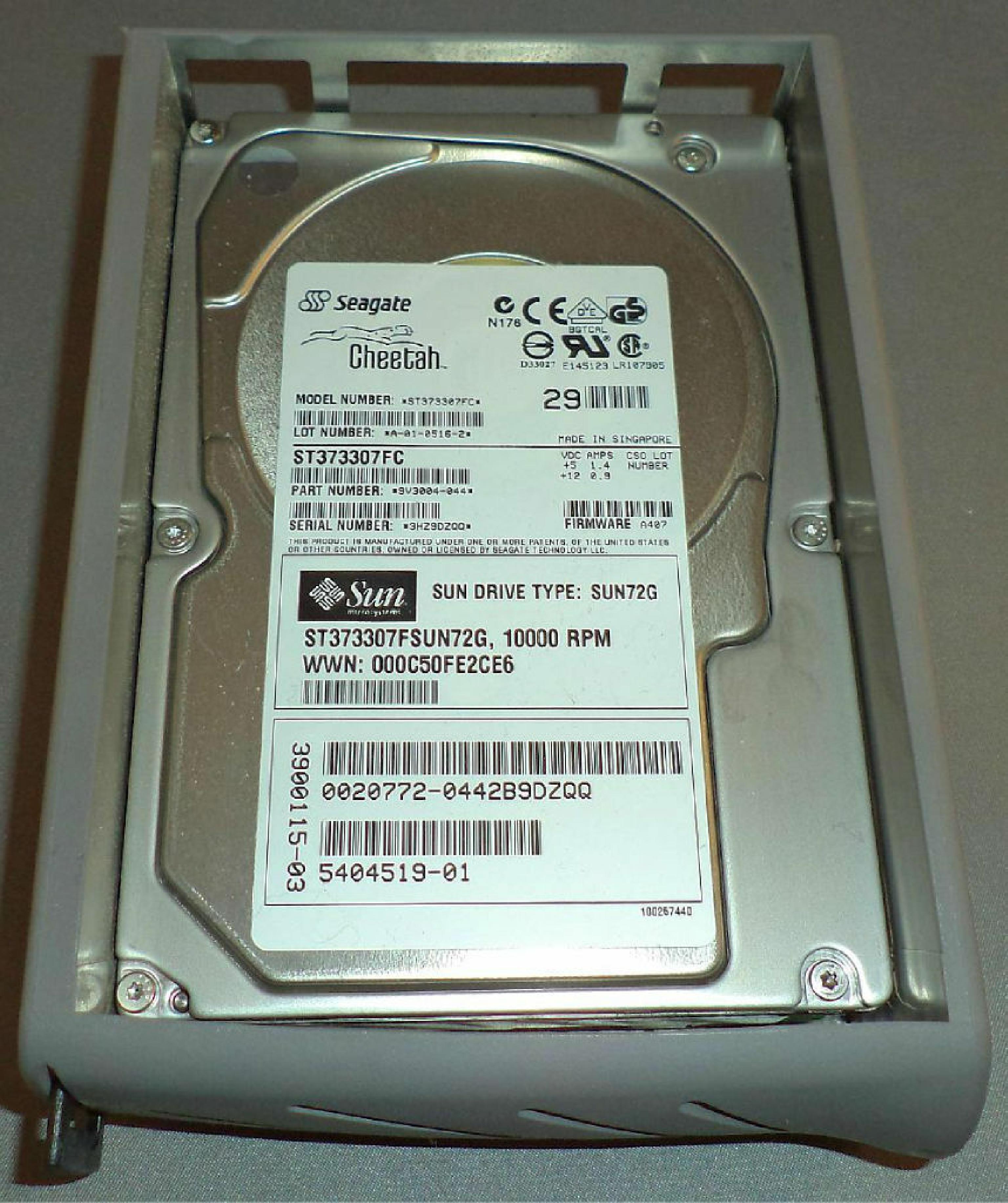 FUJITSU / SEAGATE SUN72G 73GB 10K RPM 3.5IN U320 SCA2/SCSI ID: JW REV. A FIRMWARE: 0602 DATE 2005-05 73.4GB 10K.6 CHEETAH LVD/SE 0507