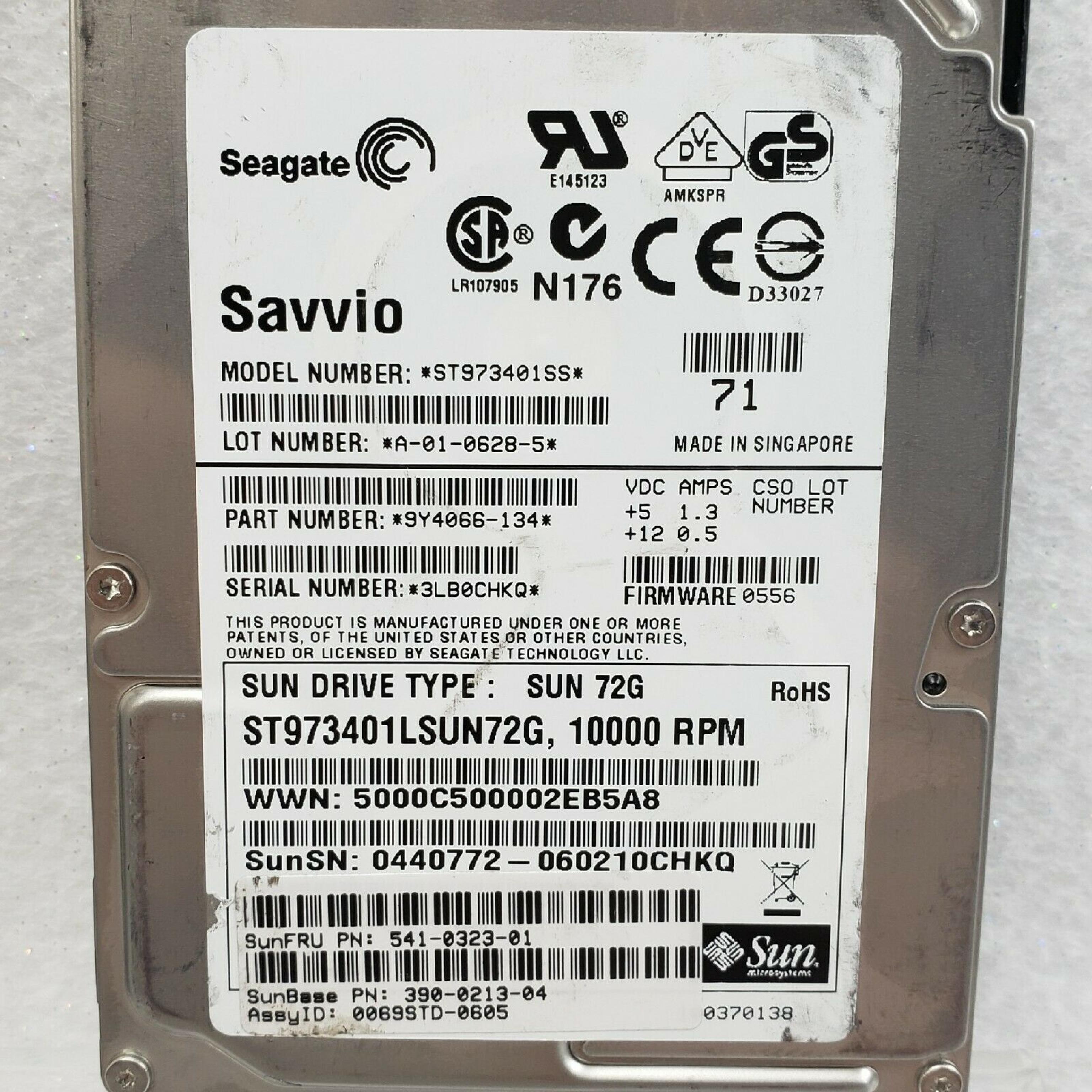 FUJITSU / SEAGATE SUN72G 73GB 10K RPM 3.5IN U320 SCA2/SCSI ID: JW REV. A FIRMWARE: 0602 DATE 2005-05 73.4GB 10K.6 CHEETAH LVD/SE 0507