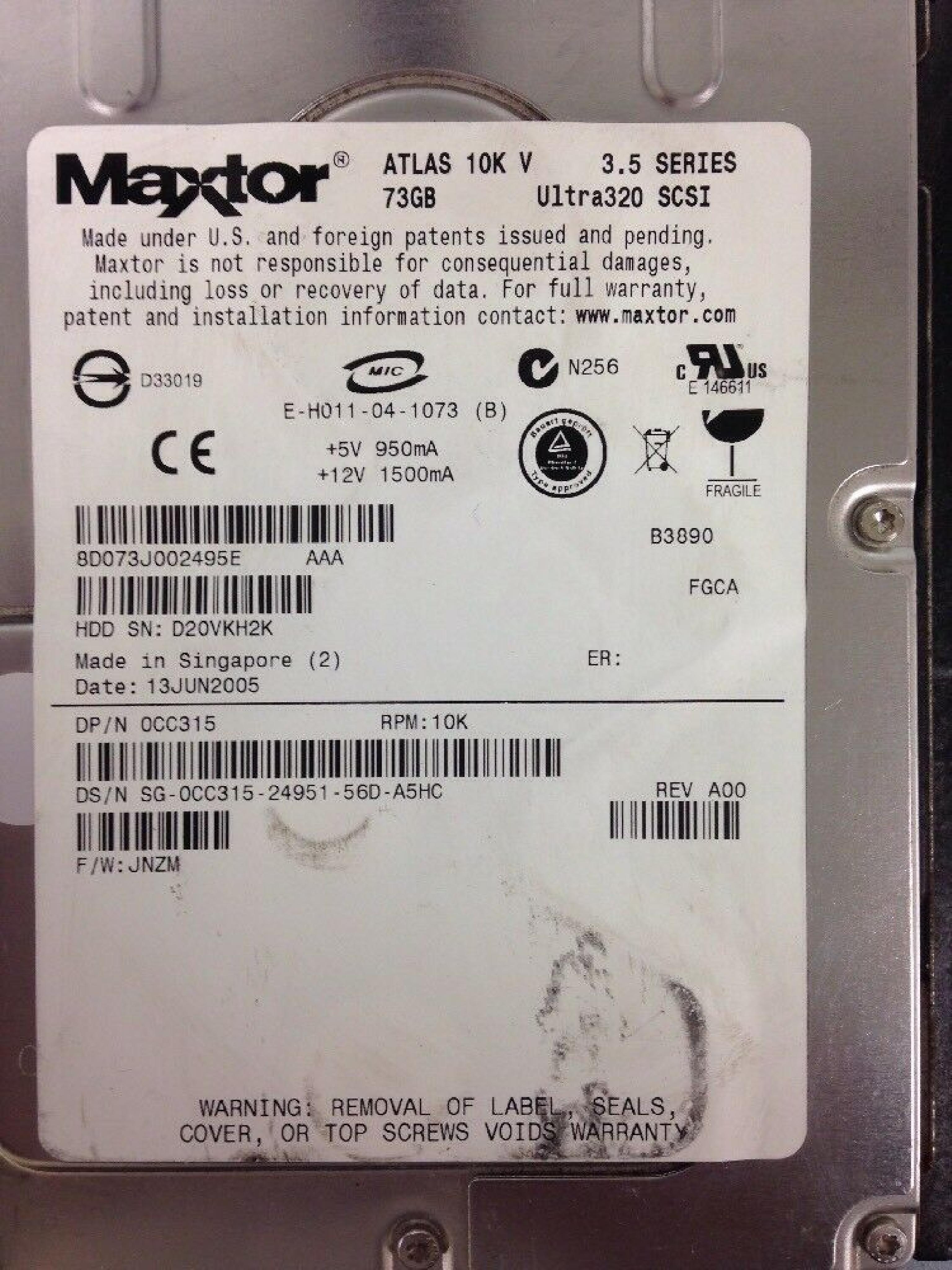 MAXTOR / IBM 8D073J002495E 73GB 10K RPM ATLAS V 3.5IN ULTRA 320 SCSI FGCA REV A00 F/W: JNZM DATE: 20JUL2005 73.4GB ESERVER XSERIES U320 DOM: 29APR2005