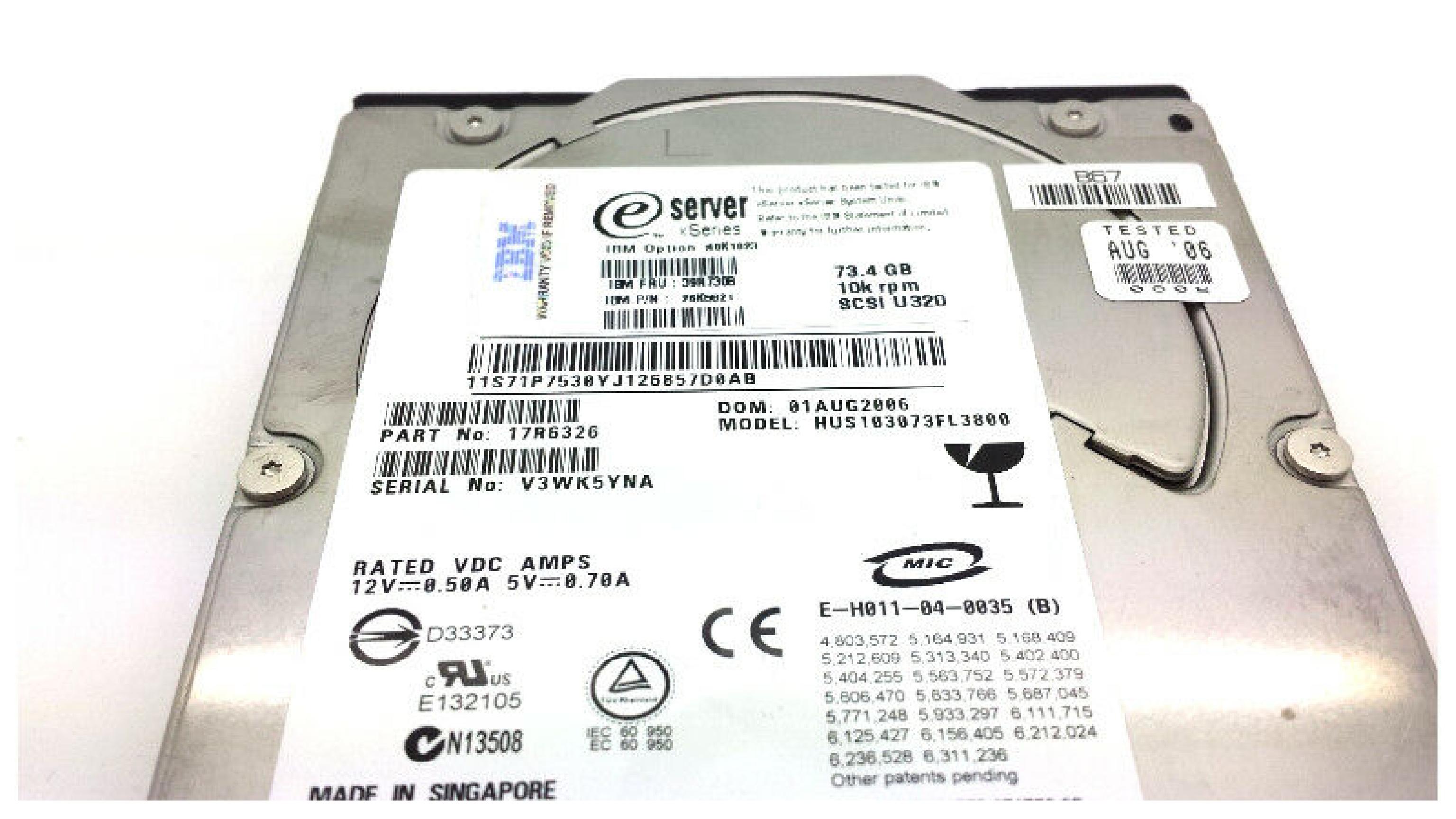 IBM 39R7308 73.4GB 3.5IN 10K RPM ESERVER XSERIES U320 SCSI DOM: 28OCT2006 ID:JW