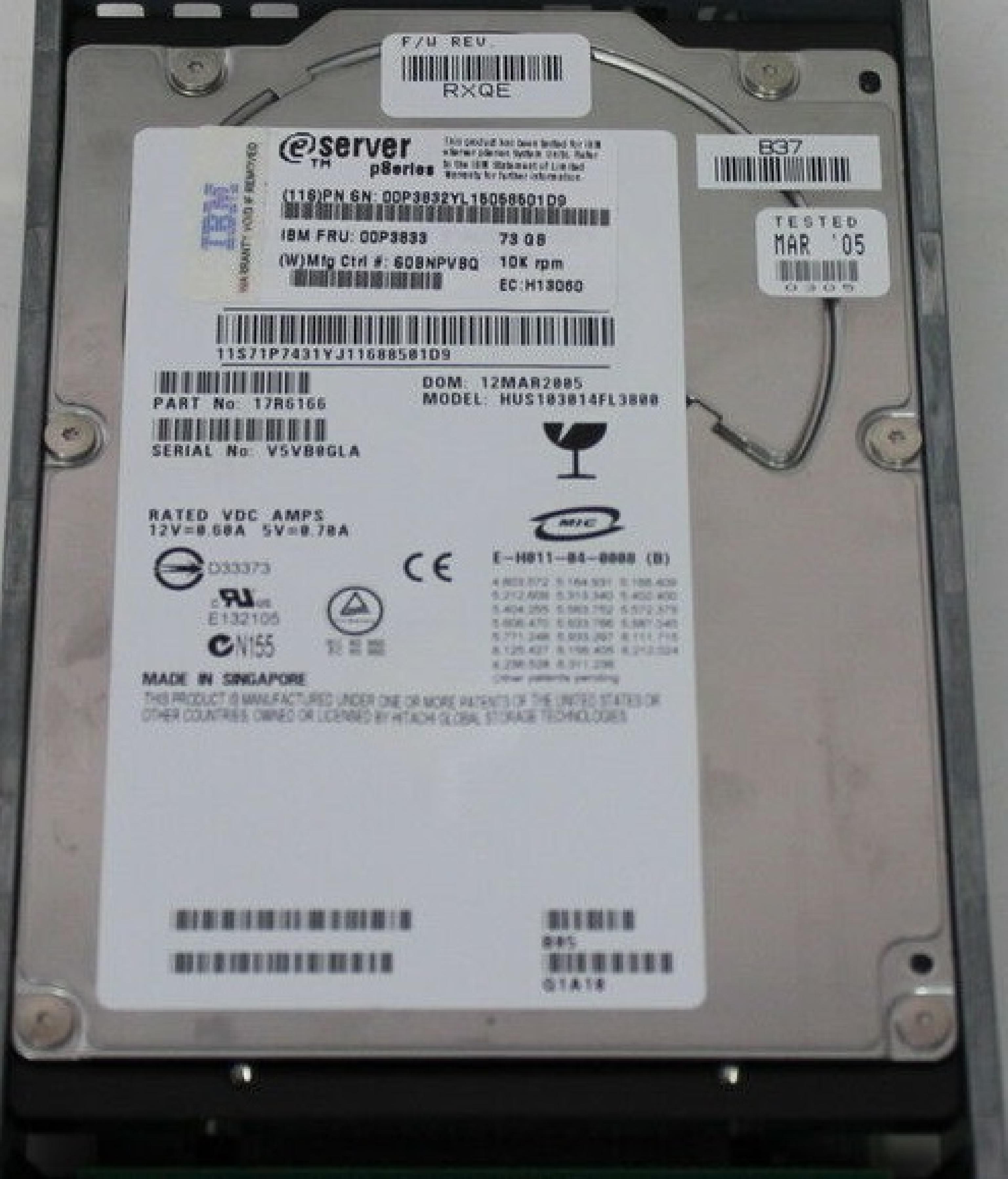 IBM 00P3833 73GB 3.5IN 10K RPM ESERVER PSERIES MLC: DY0S28C DATE: 14FEB2004 EC:H32470