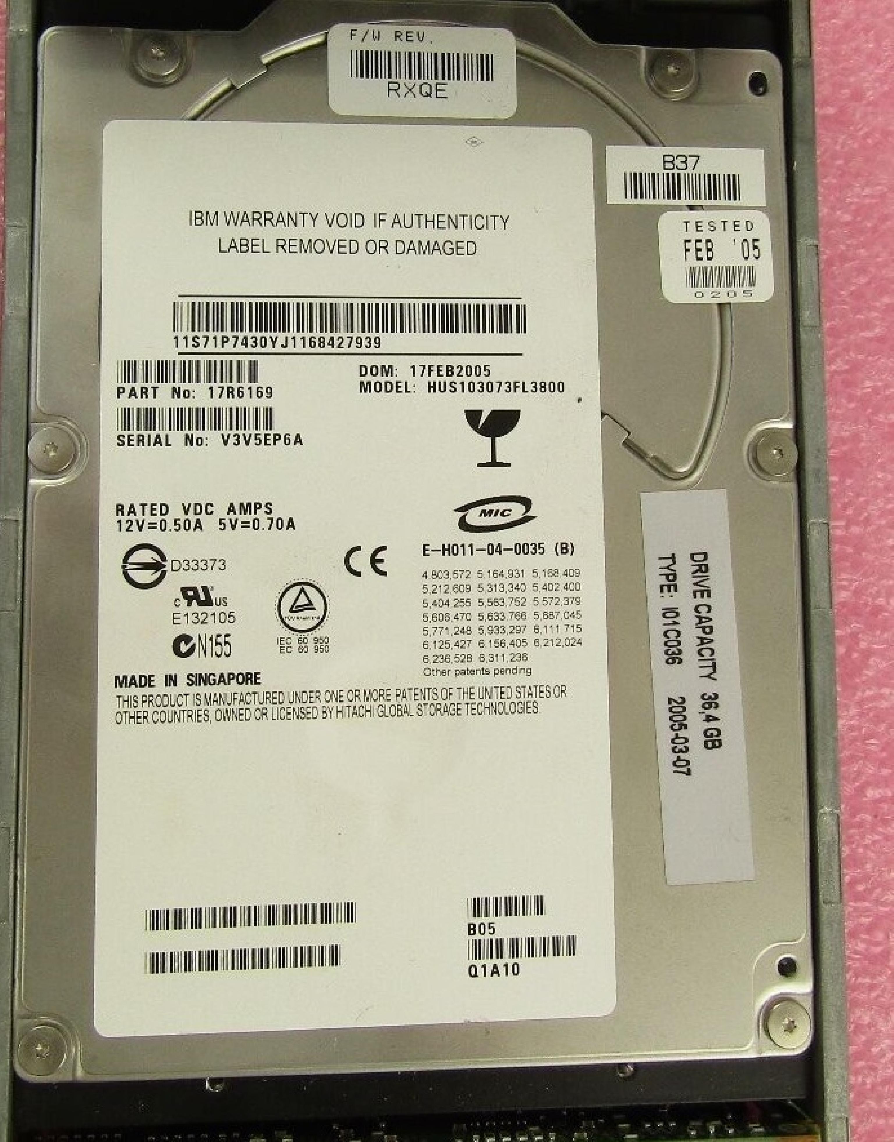 IBM 71P7430 73GB 3.5IN 10K RPM ESERVER PSERIES EC: H13060 DOM: 30JUL2005 RXQK B07 11B10