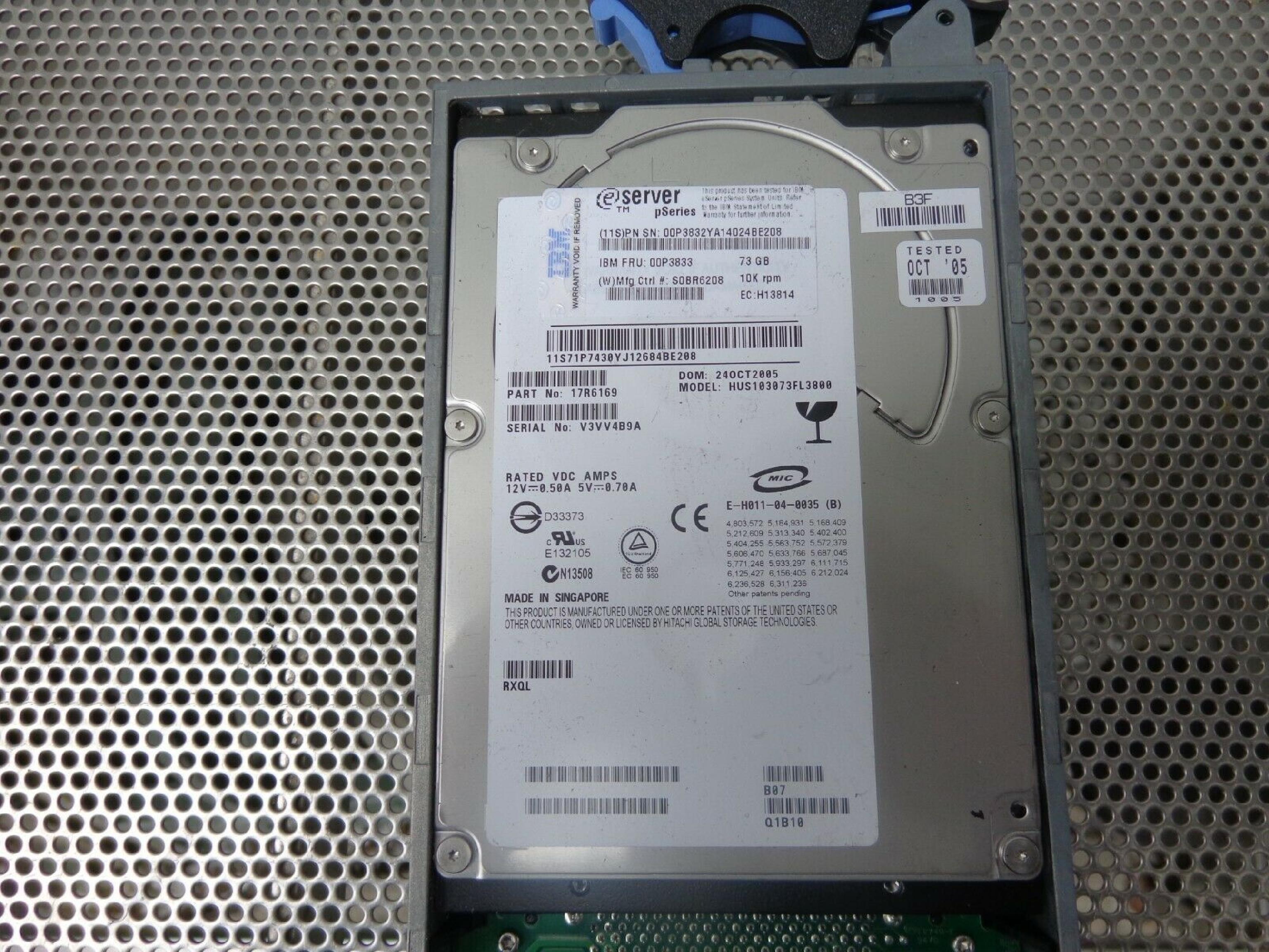 IBM 71P7430 73GB 3.5IN 10K RPM ESERVER PSERIES EC: H13060 DOM: 30JUL2005 RXQK B07 11B10