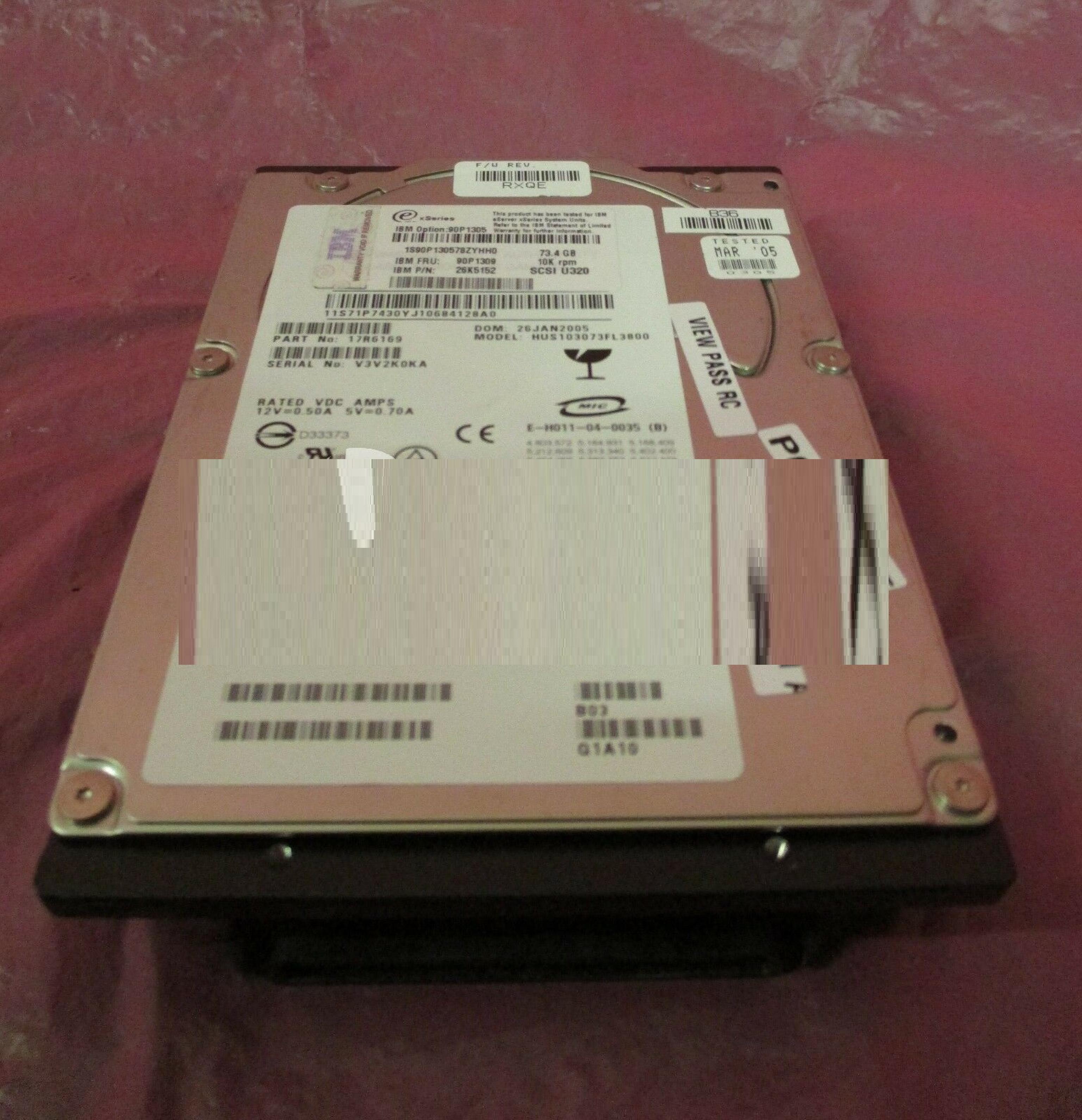 IBM 90P1305 73.4GB 3.5IN 10K RPM ESERVER XSERIES SCSI U320 FGCA DOM: 29APR2005