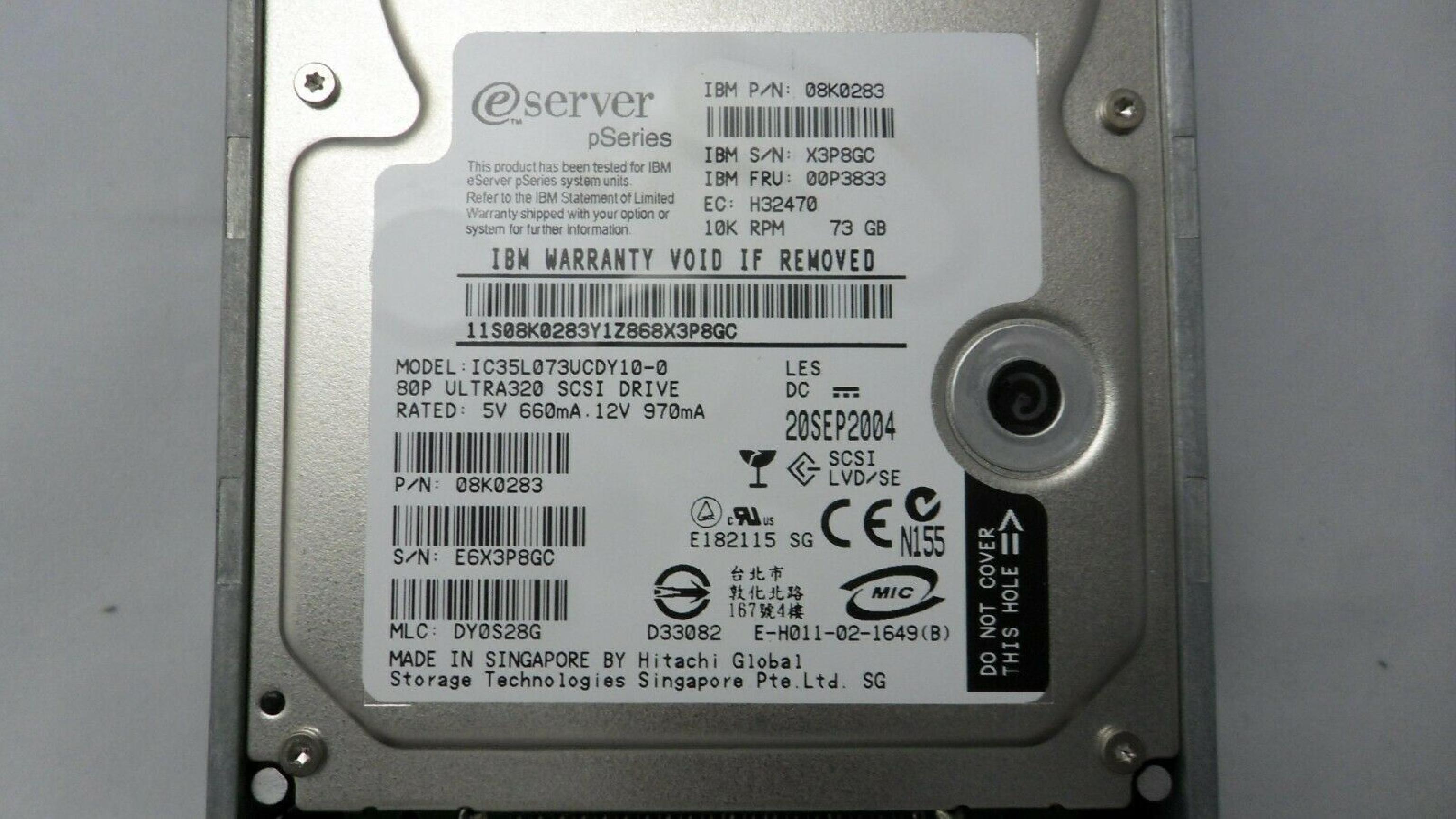 IBM 03N5261 73GB 3.5IN 10K RPM ESERVER PSERIES EC:H13841 DOM: 07JUN2006 RXQN B06 11B10
