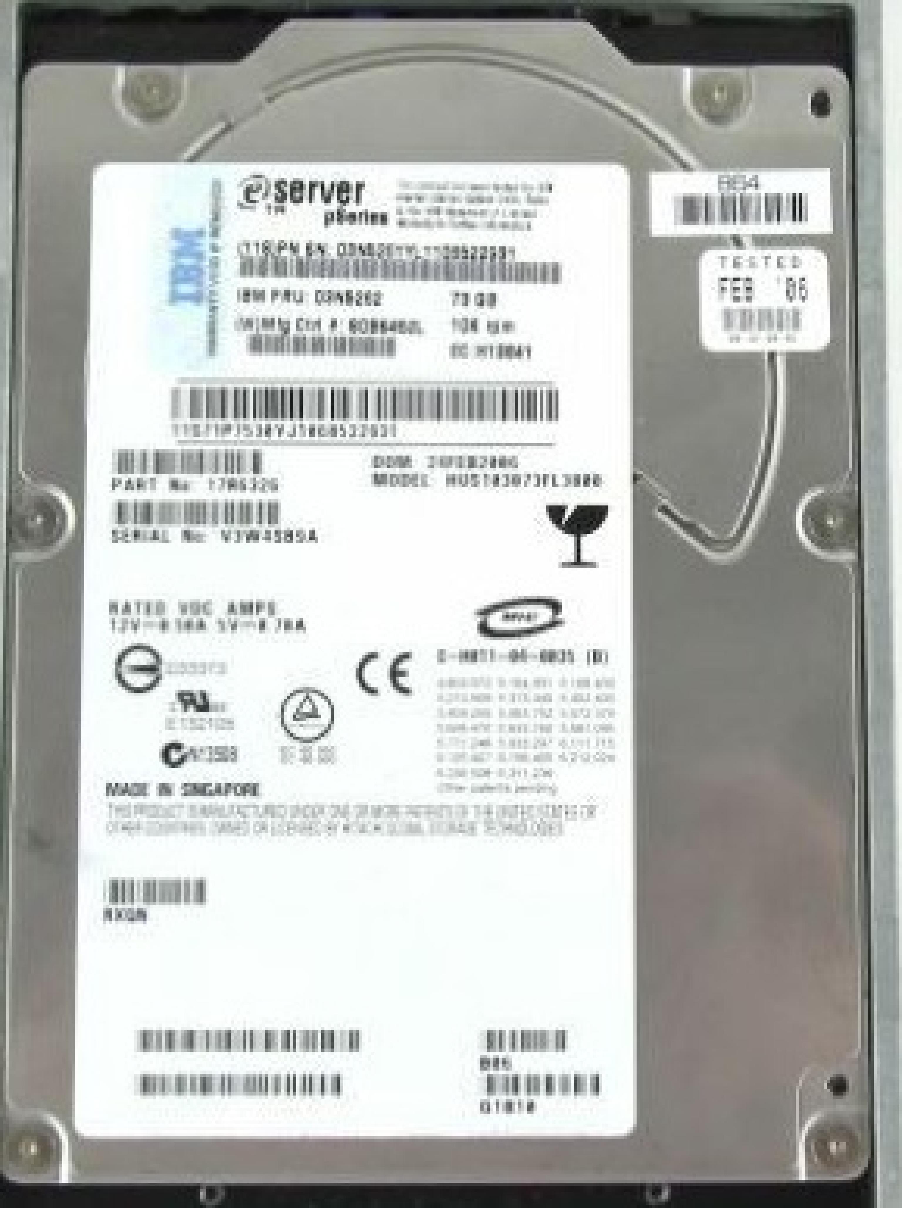 IBM 03N5261 73GB 3.5IN 10K RPM ESERVER PSERIES EC:H13841 DOM: 07JUN2006 RXQN B06 11B10