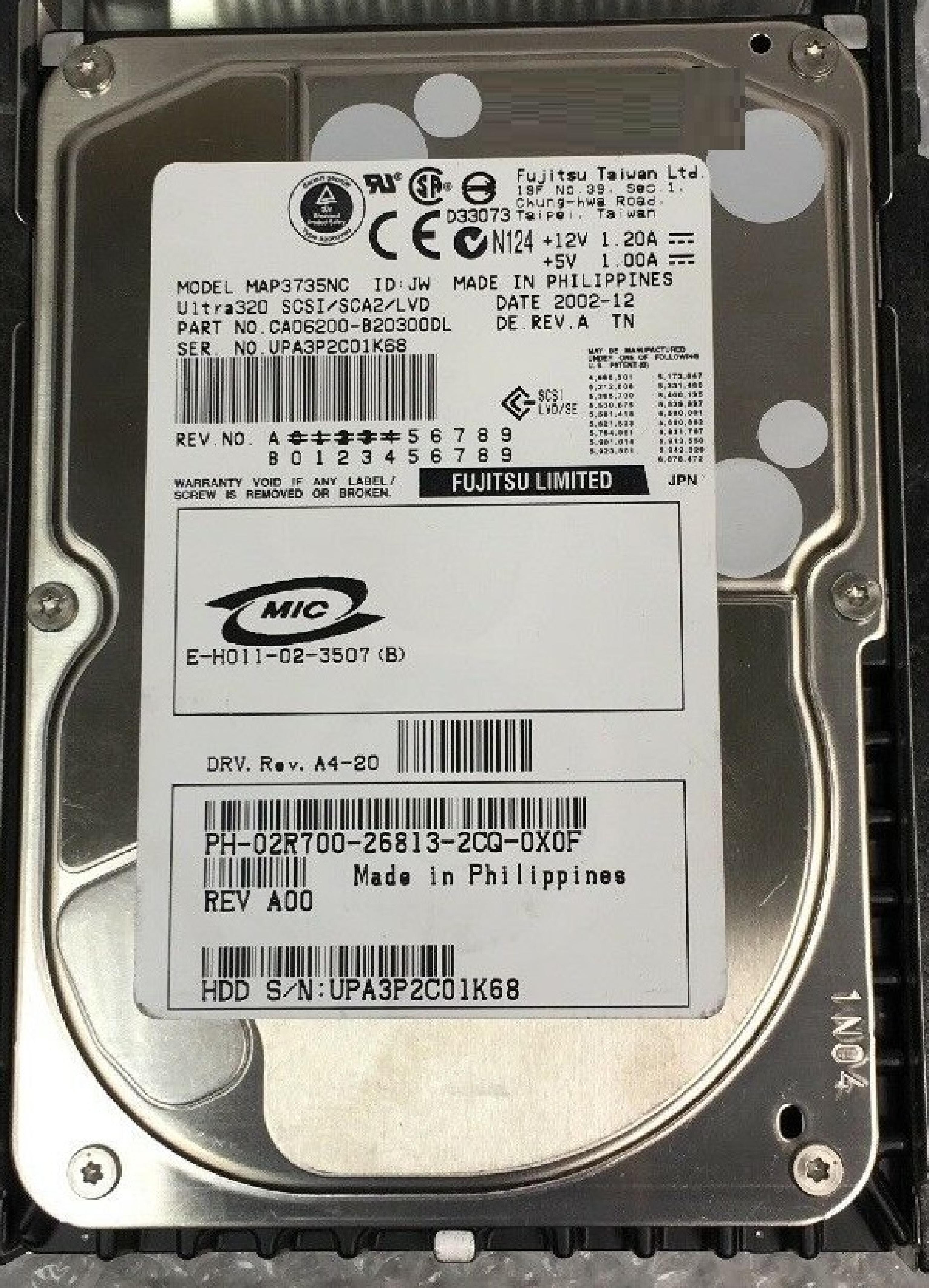 FUJITSU 2R700 73GB 3.5IN 10K RPM ULTRA 320 SCSI/SCA2/LVD/SE DATE: 2002-12 REV. A REV A4-20 A00 WIDE ULTRA320 SCSI LVD/SE ID: JW 2003-07 FIRMWARE: 5605 DRV. A5-21