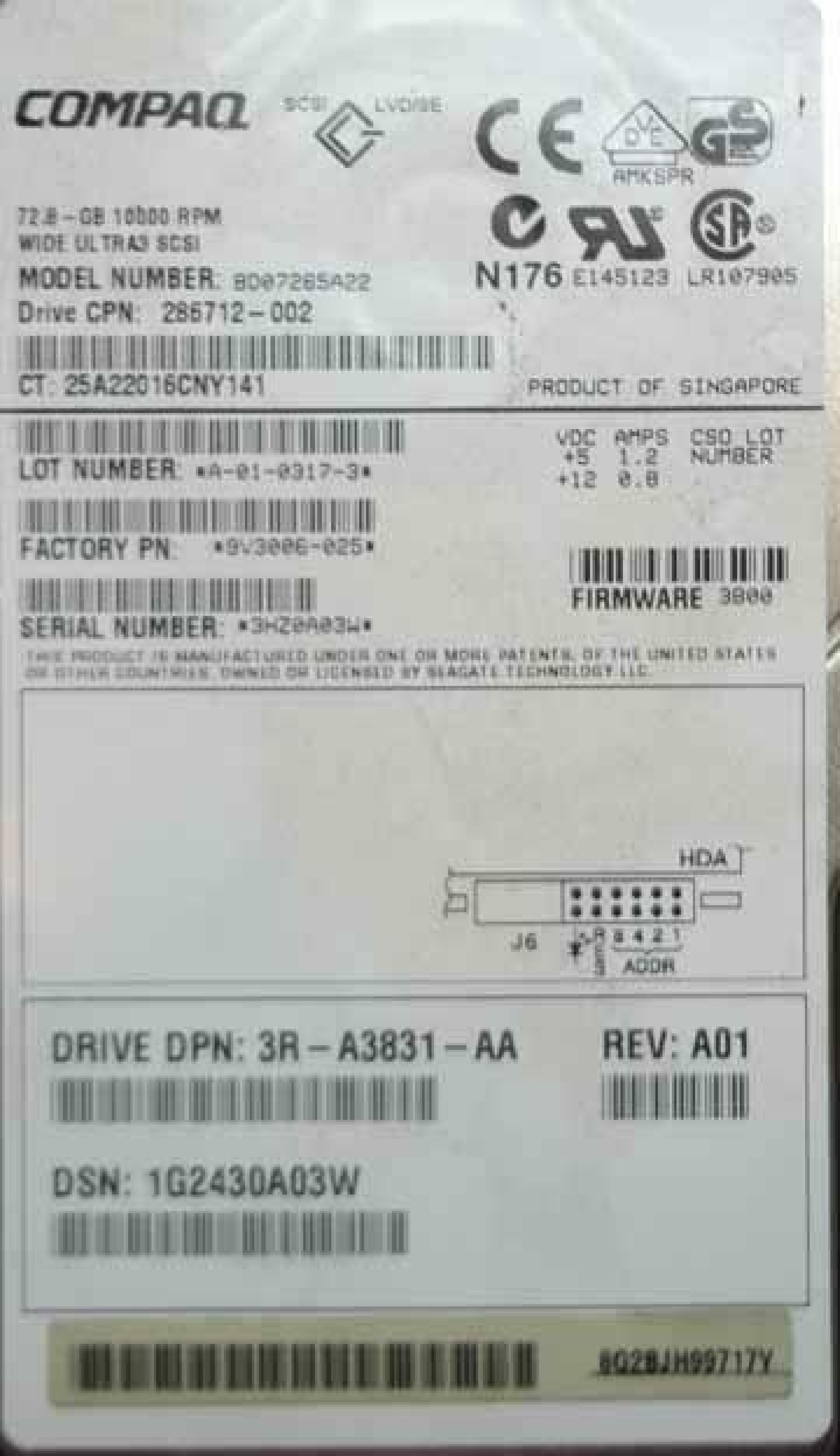 COMPAQ / HEWLETT PACKARD / HP BD07265A22 72.8GB 3.5IN 10K RPM WIDE ULTRA3 SCSI LVD/SE FIRMWARE:3B00 REV: A01