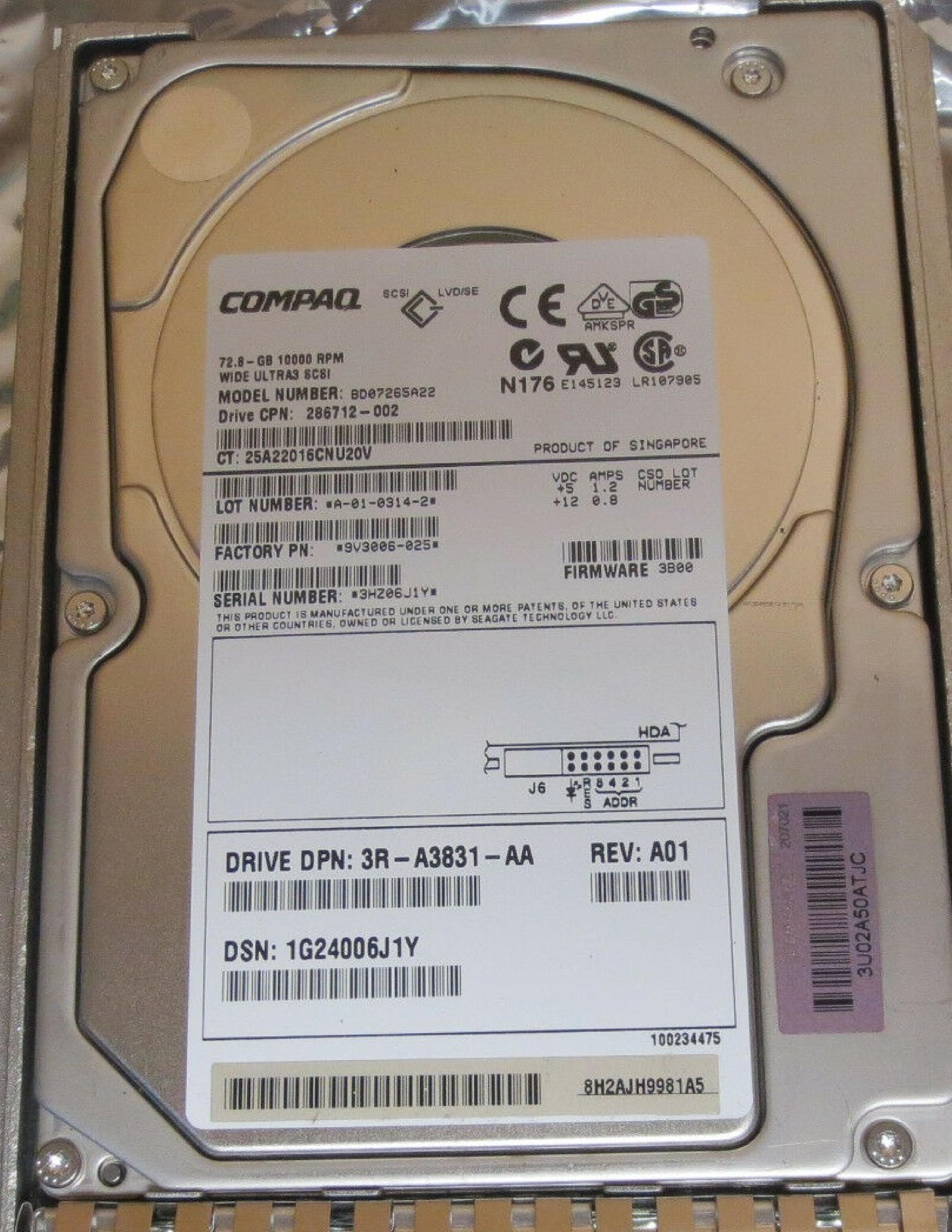 COMPAQ / HEWLETT PACKARD / HP 286712-002 72.8GB 3.5IN 10K RPM WIDE ULTRA3 SCSI LVD/SE FIRMWARE:3B00 REV: A01